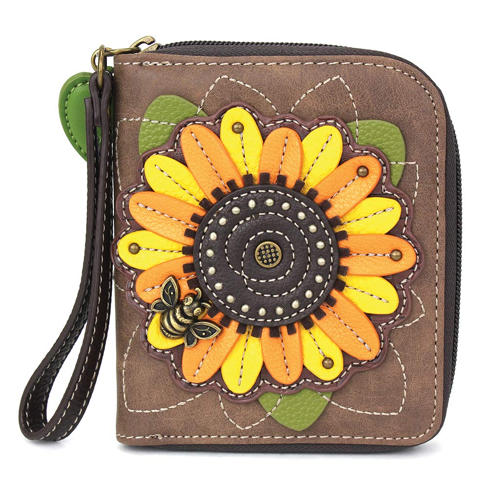 CHALAZip Around Wallet, Wristlet, 8 Credit Card Slots, Sturdy Pu Leather - Sunflower - Brown