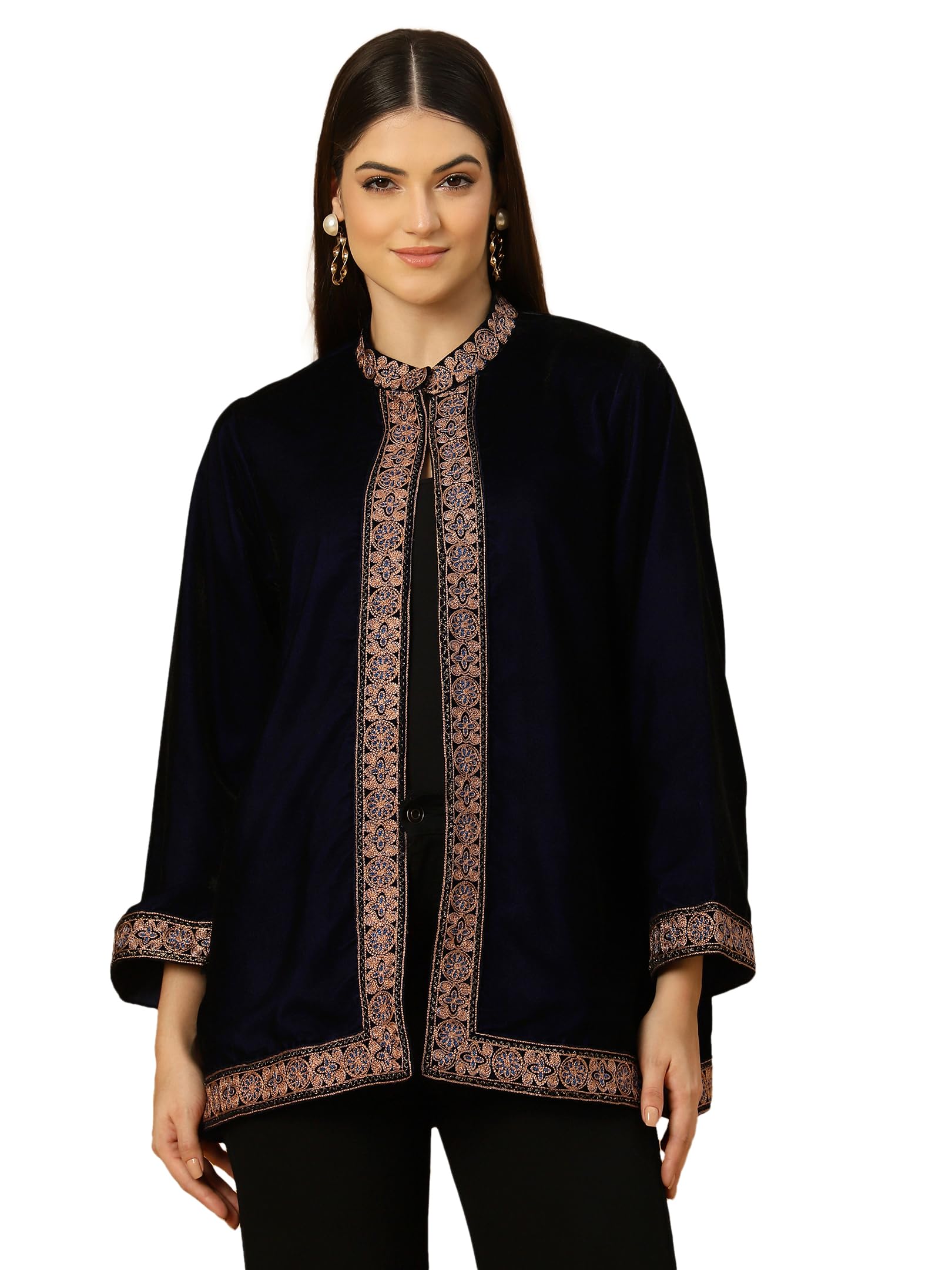 Women's Velvet Cape Shrug with Intricate Embroidery, Casual Loose Fit Open Front Long Sleeve Jacket – Elegant Traditional Design