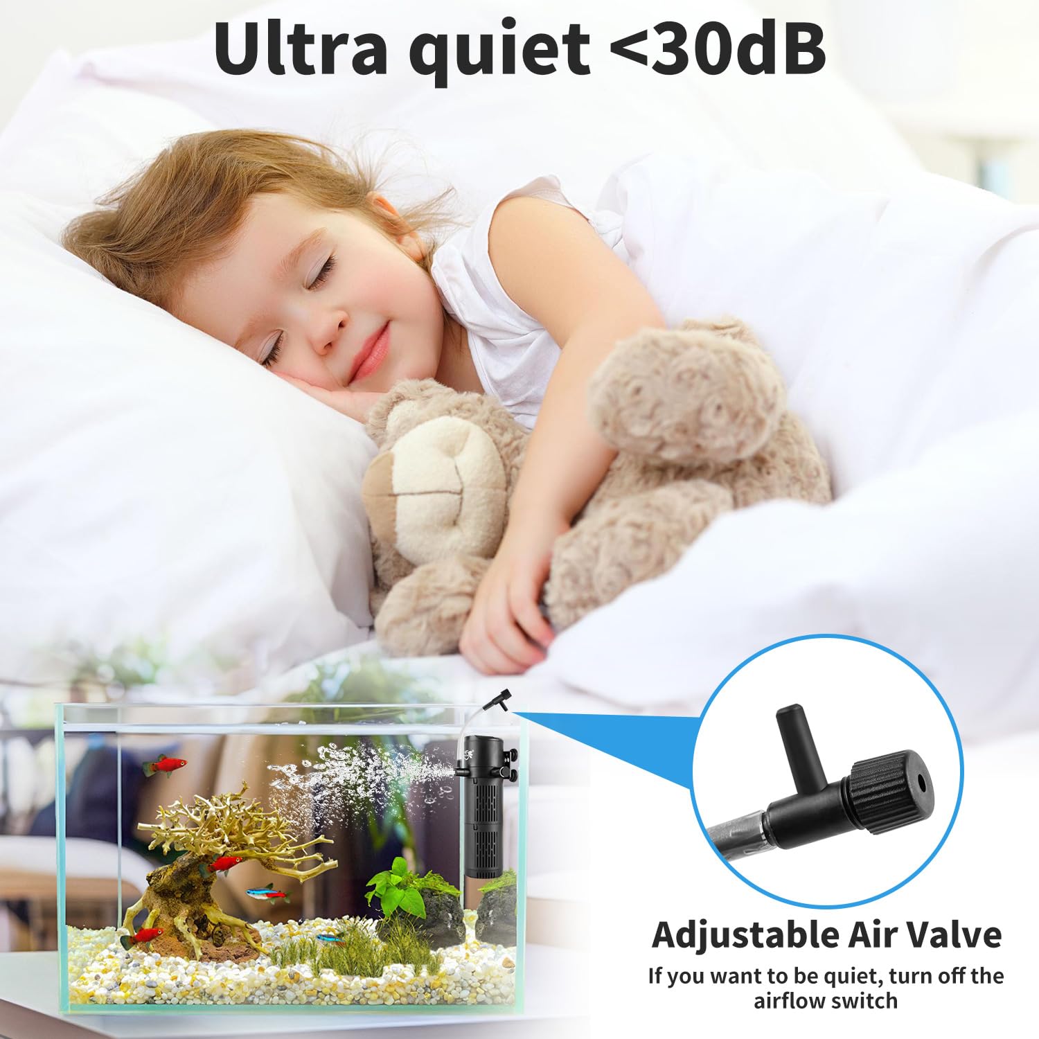 Aquarium Filter, Fish Tank Filter 4-in-1 for 15-40 Gallon Tanks, Submersible Internal Filter with Wave-Maker, Oxygenation & Adjustable Air Flow for Freshwater/Saltwater/Turtle Tanks (8W)