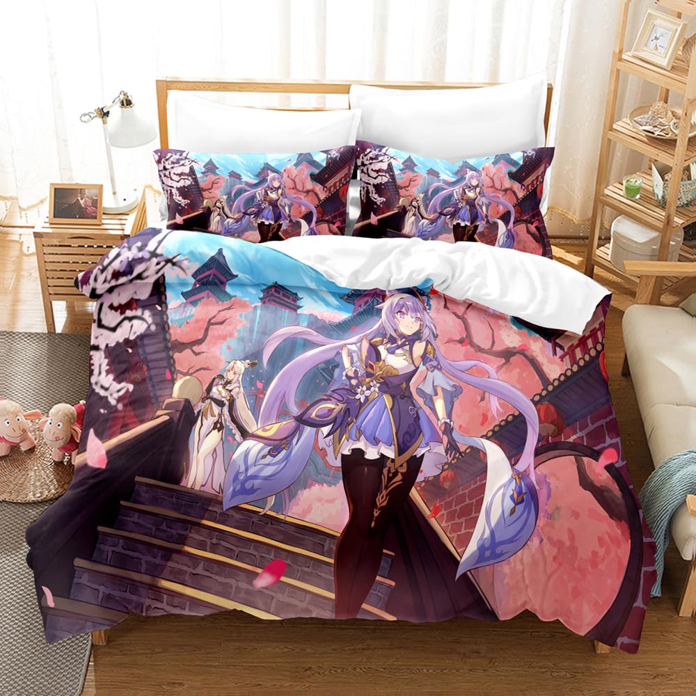 100% Pure Cotton Genshin Impact Duvet Cover Set with Hidden Closure, 3 Pieces Soft Home Accessories Bedding with 1 Cover and 2 Pillowcases (135x200cm(Single),Genshin 06)
