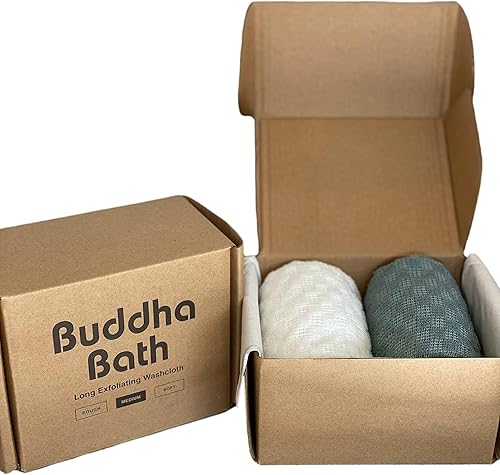 BUDDHA BATH Toalla de ducha exfoliante extra larga exfoliante medio - azul plateado y blanco - paquete de 2