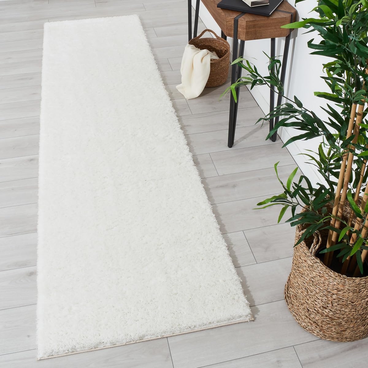 Nazar Alfombra acogedora Lisa Shaggy Suave, Sala de Estar, Dormitorio, Suave Pelo Largo (80x300 cm, Blanco)