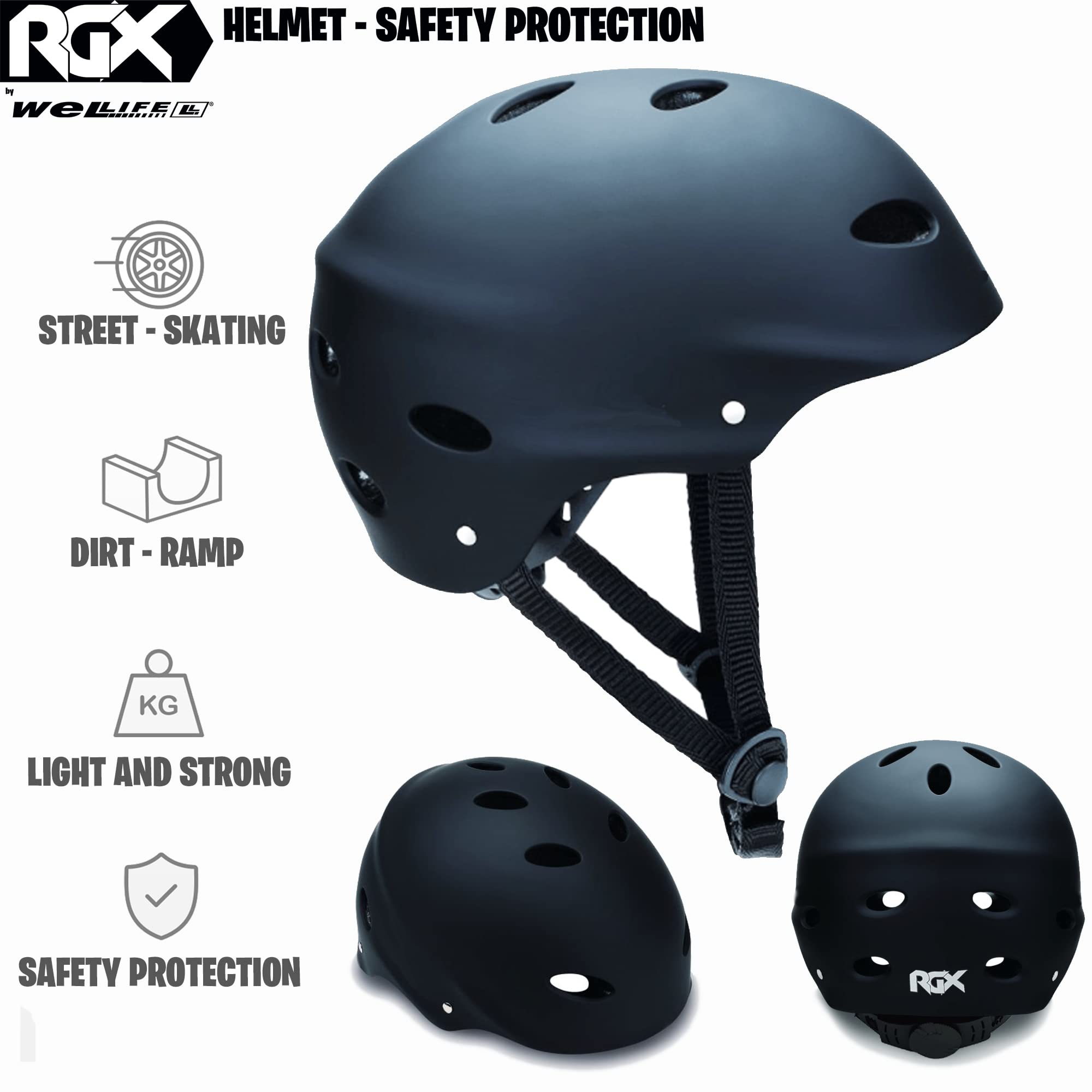 WeLLIFE Casco Regolabile per Bambini e Ragazzi - Protezione Elmetto Nero RGX adatto per Skateboard, Bici, Pattini Sicurezza Ideale Multi-Sport Leggero e Sicuro