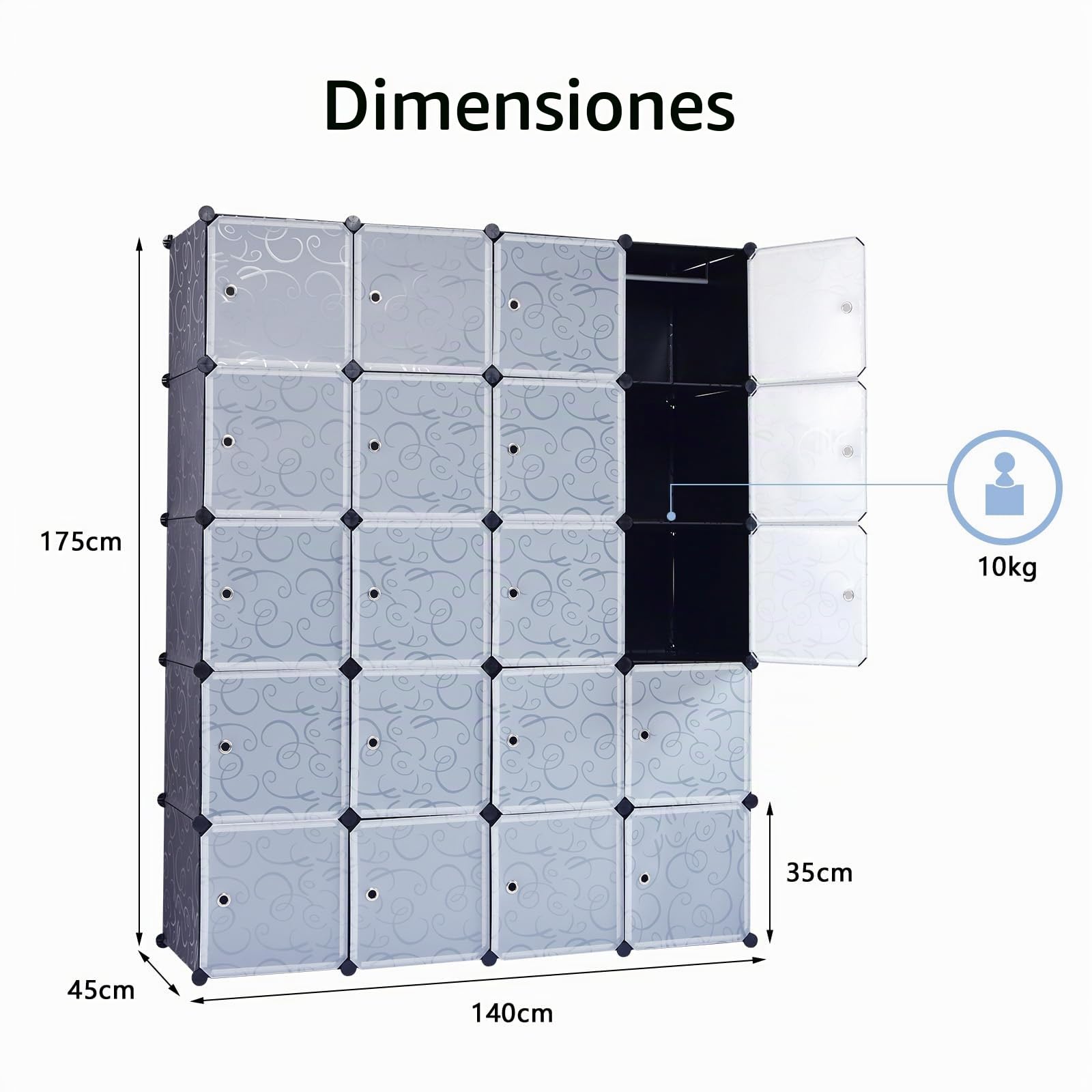 HOMASIS Armario Modular de 20 Cubos con Puerta, Estantería apilable DIY de plástico, Estantería enchufable con Conectores y Martillo de Metal para Ropa, Zapatos, Juguetes, Libros, 140x45x175cm, Negro