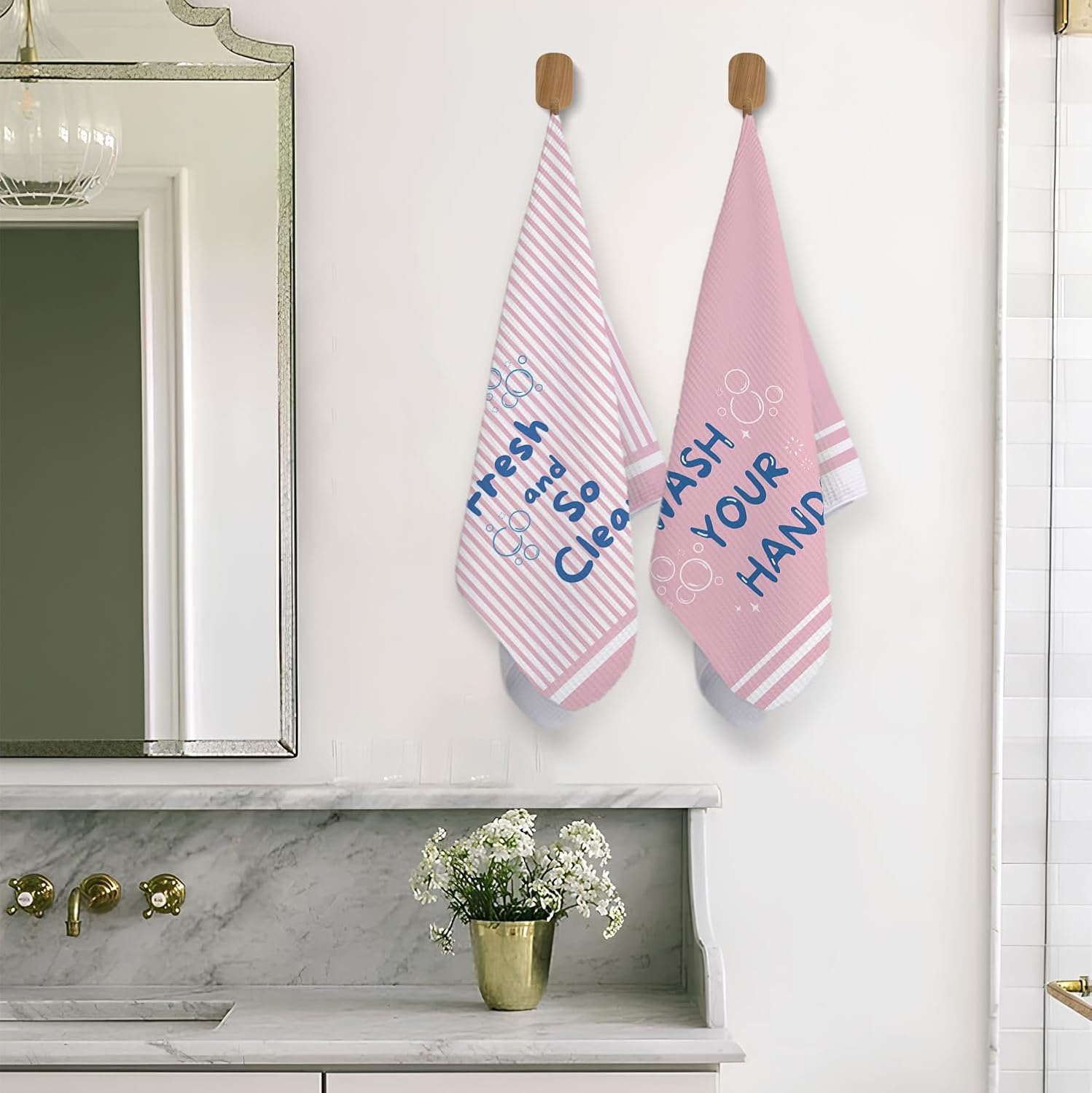 Pink Funny Kids Bathroom Hand Towels, Trendy Preppy Wash Your Hands So Fresh and So Clean Decorative Hand Towels for Kids Girls Bathroom Decor, 16x24 Inch Set of 2 - Image 5