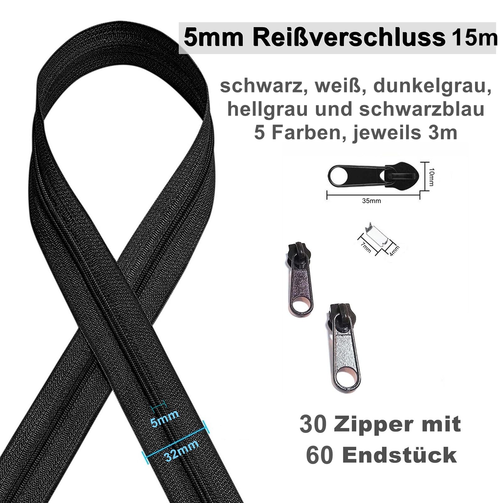 Eindeloze ritssluiting van nylon, 3 mm, 15 m, 5 kleuren met 30 ritssluitingen en 60 eindstukken, spiraalritssluiting per meter, deelbaar, 2 ,5 cm breed, voor kleding, tassen, tassen, beddengoed Eindeloze ritssluiting van nylon, 3 mm, 15 m, 5 kleuren met 30 ritssluitingen en 60 eindstukken, spiraalritssluiting per meter, deelbaar, 2 ,5 cm breed, voor kleding, tassen, tassen, beddengoed