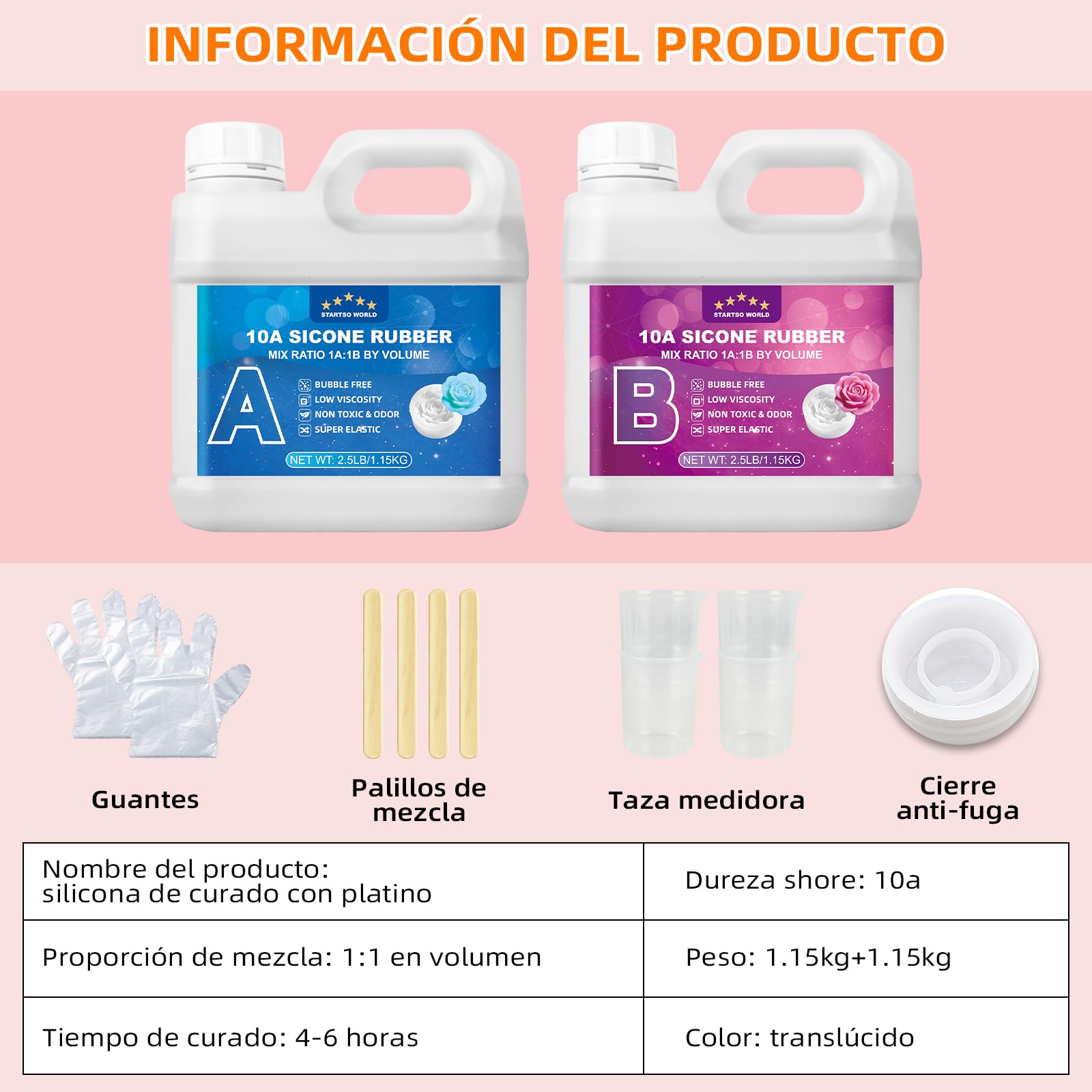 Silicona Líquida para Moldes 10A Shore, Caucho de Silicona de Platino Flexible 1:1, Kit de Fabricación de Moldes para Resina Epoxi, Cera, Yeso, Jabón, Manualidades y Bricolaje（Translúcido, 2.3 kg）