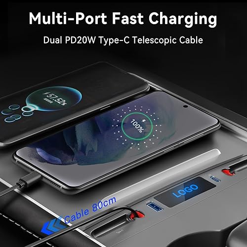 Miniatura 4 de WinDu Cargador USB de coche para Tesla Modelo 3 Modelo Y 2021 2022 2023, estación de acoplamiento USB Hub con retráctil dual 20W Tipo-C para Tesla