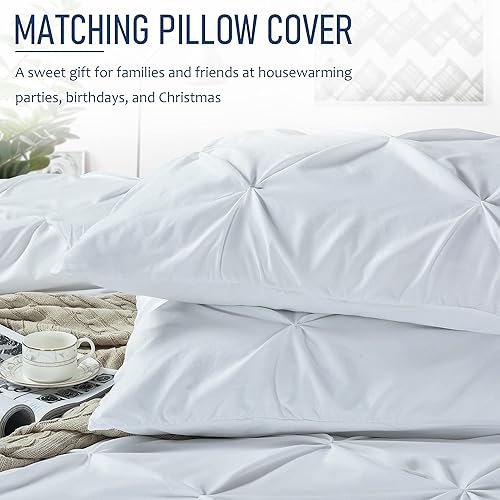 Miniatura 5 de Tyfitb Juego de funda de edredón plisada tamaño Queen, color blanco, juego de funda de edredón de 3 piezas con cierre de cremallera