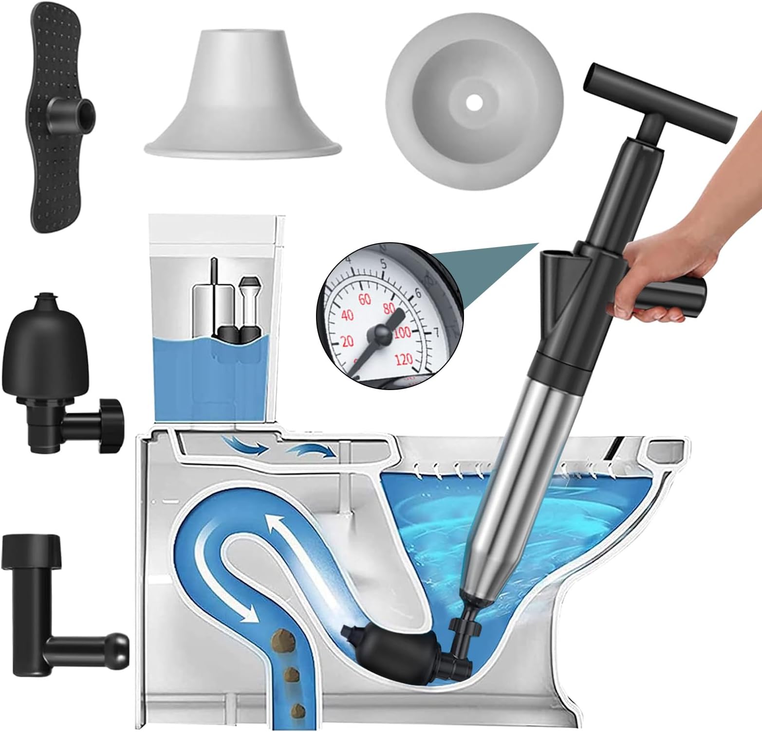 Toilet Plunger, Stainless Steel Air Drain Plunger for Clogged Toilets