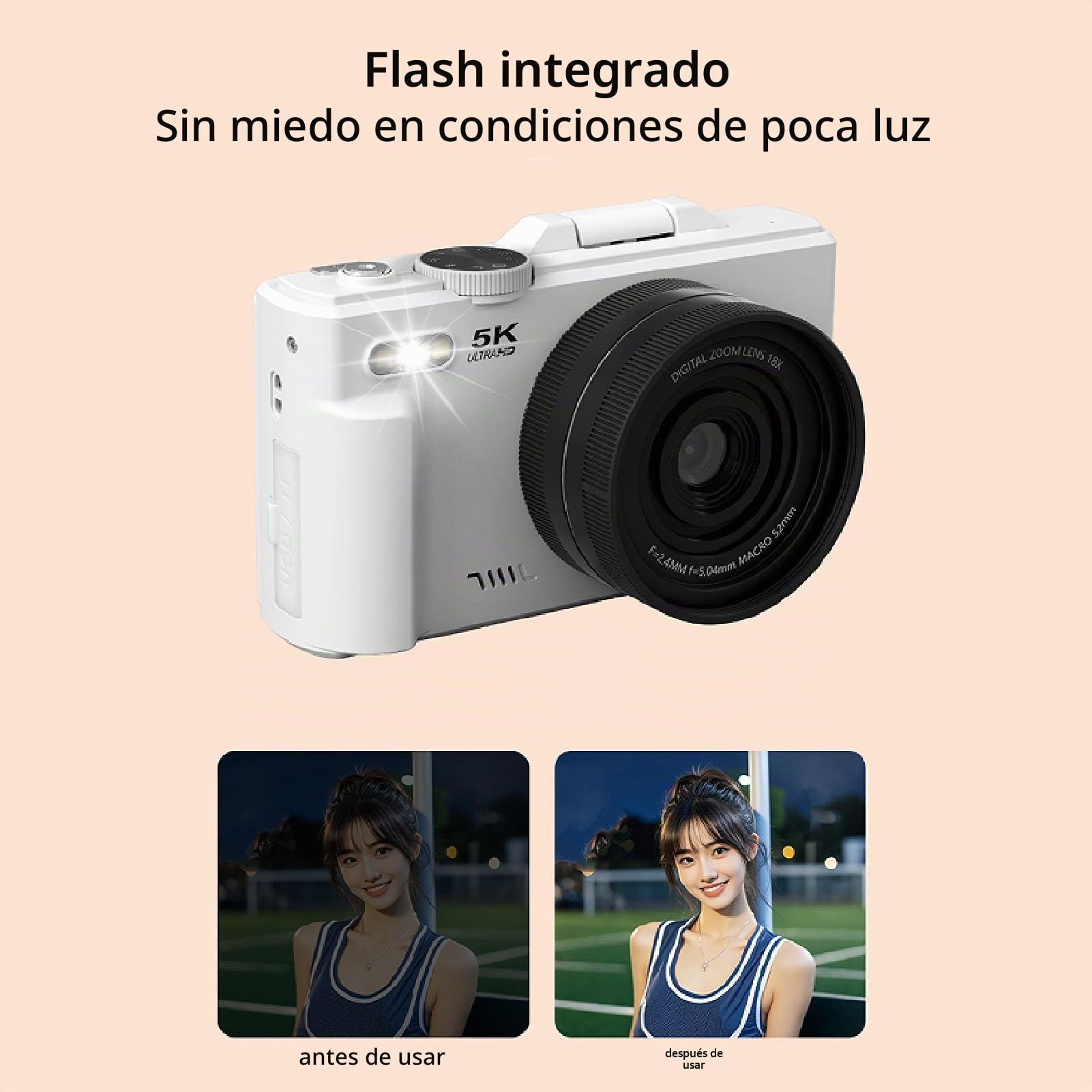 BuyWeek Cámara Digital 5K 75MP con WiFi, Cámara de Vlogging HD con Enfoque Automático y Zoom de 18X con Pantalla Abatible de 180° de 3 Pulgadas, Modo Belleza, Luz de Relleno LED (Blanco)