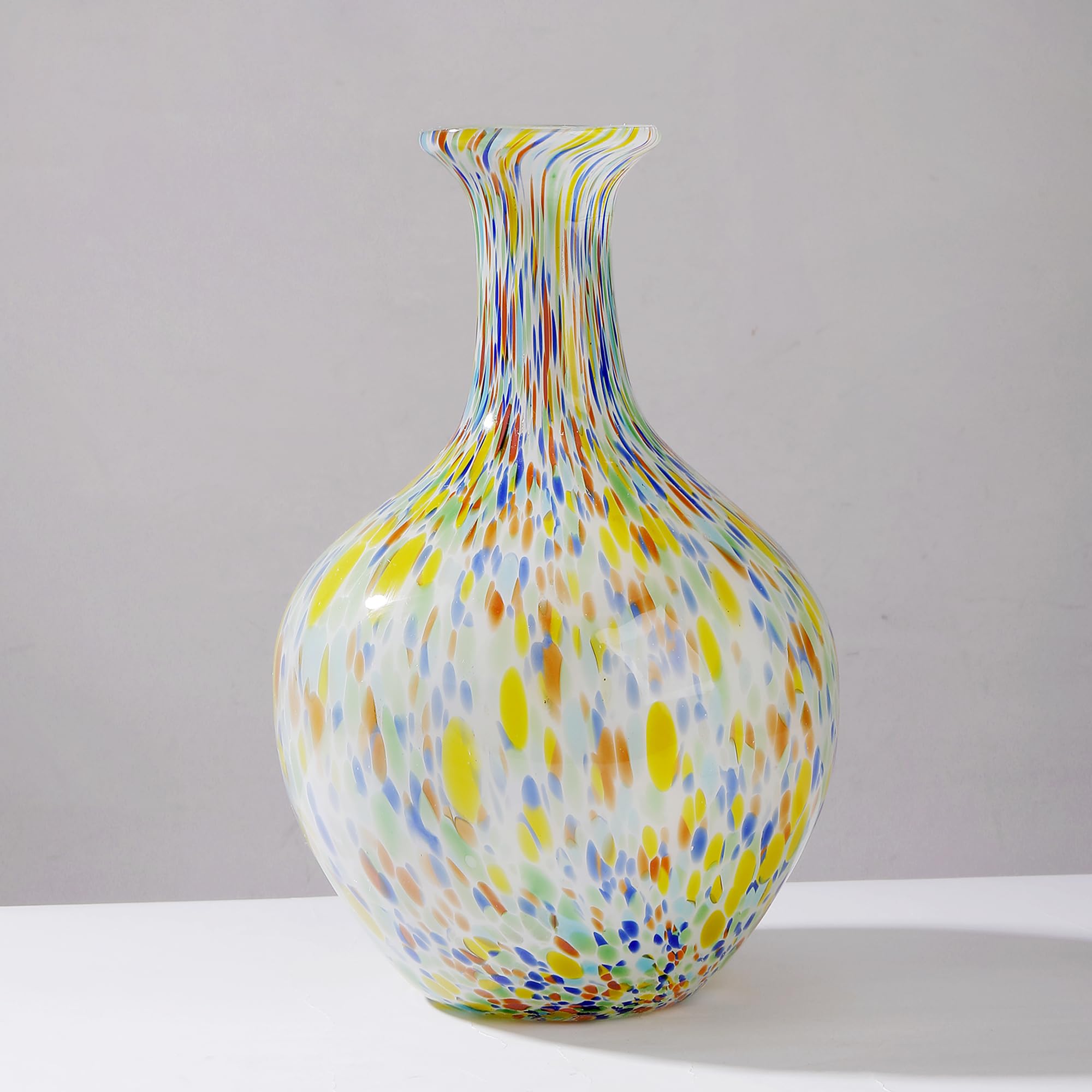 Jarrón de cristal de Murano redondo soplado a mano, 12.5 pulgadas de alto, jarrón de vidrio de boca ancha para mantel, centro de mesa, entrada, sala de estar, decoración de boda, decoración de cristal