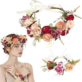 Blumenkranz Haare,Blume Krone,Braut Haarschmuck mit Armband-Set,Blumenhaarreife Damen Blumen Haarkranz & Armband,Einstellbarer Blumenkrone Stirnband für Hochzeit Party Boho Fasching