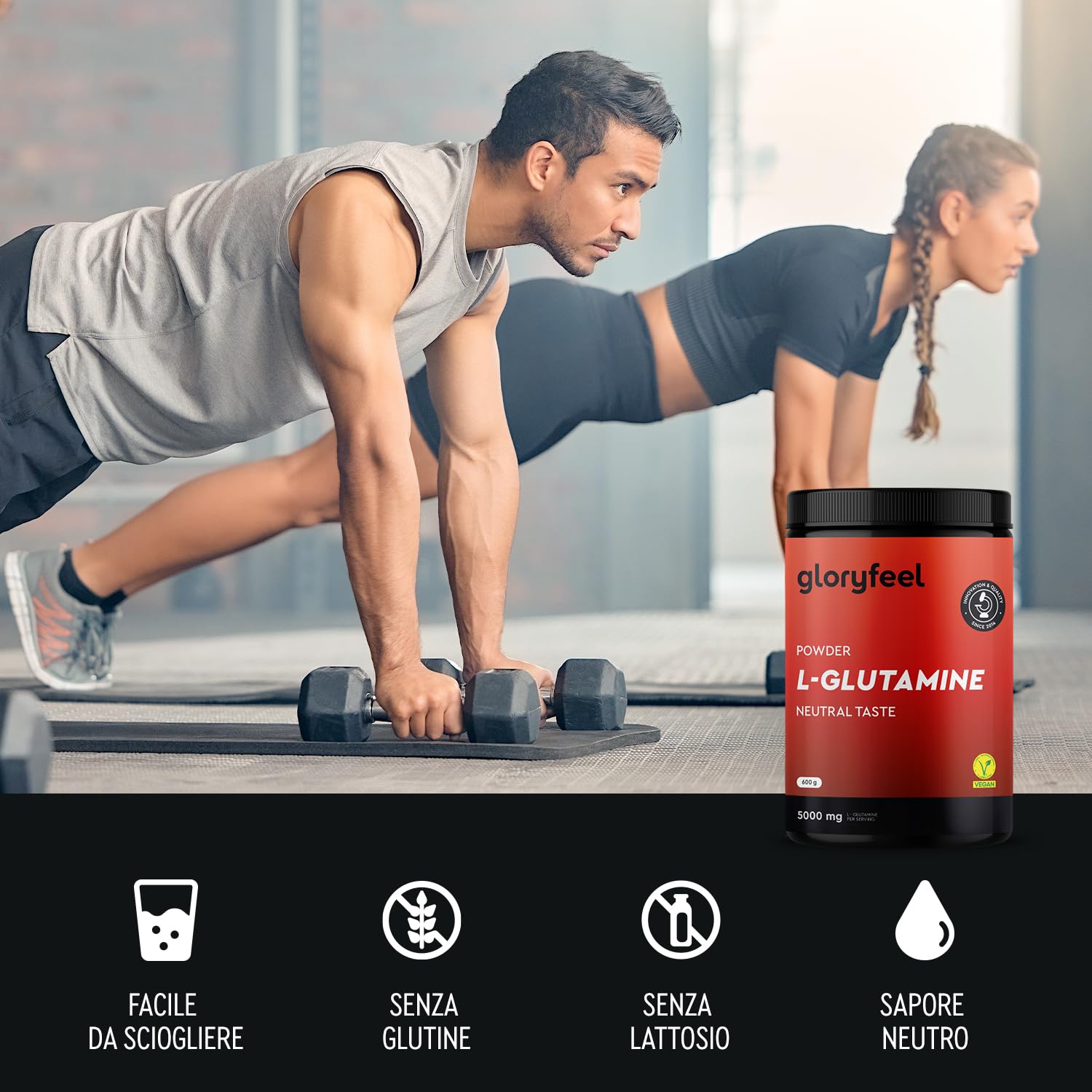 L-Glutammina in Polvere 600g, 5000 mg ad Alto Dosaggio, Scorta di 4 Mesi, Aminoacido Glutammina ad Alto Assorbimento, Gusto Neutro, 100% Vegan, Senza Additivi