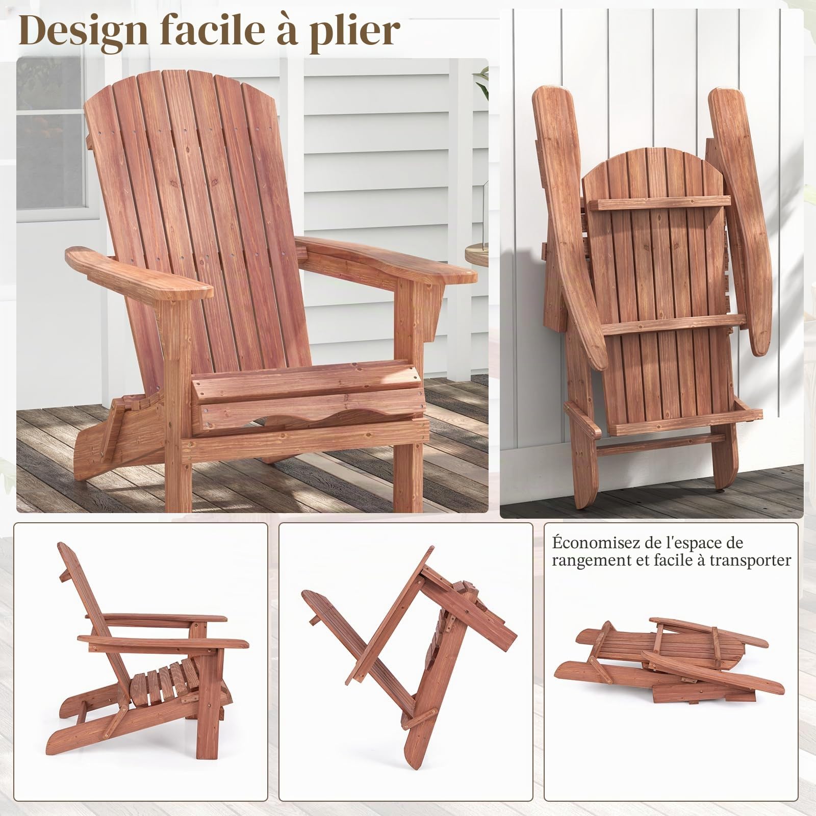 KOMFOTTEU Fauteuil Adirondack, Bois de Sapin, Chaise de Jardin Pliable, Charge de 180 kg, Design Ergonomique, Chaise de feu de Camp, Sièges en Terrasse avec Dossier et Accoudoirs (Lot de 1, Naturel)