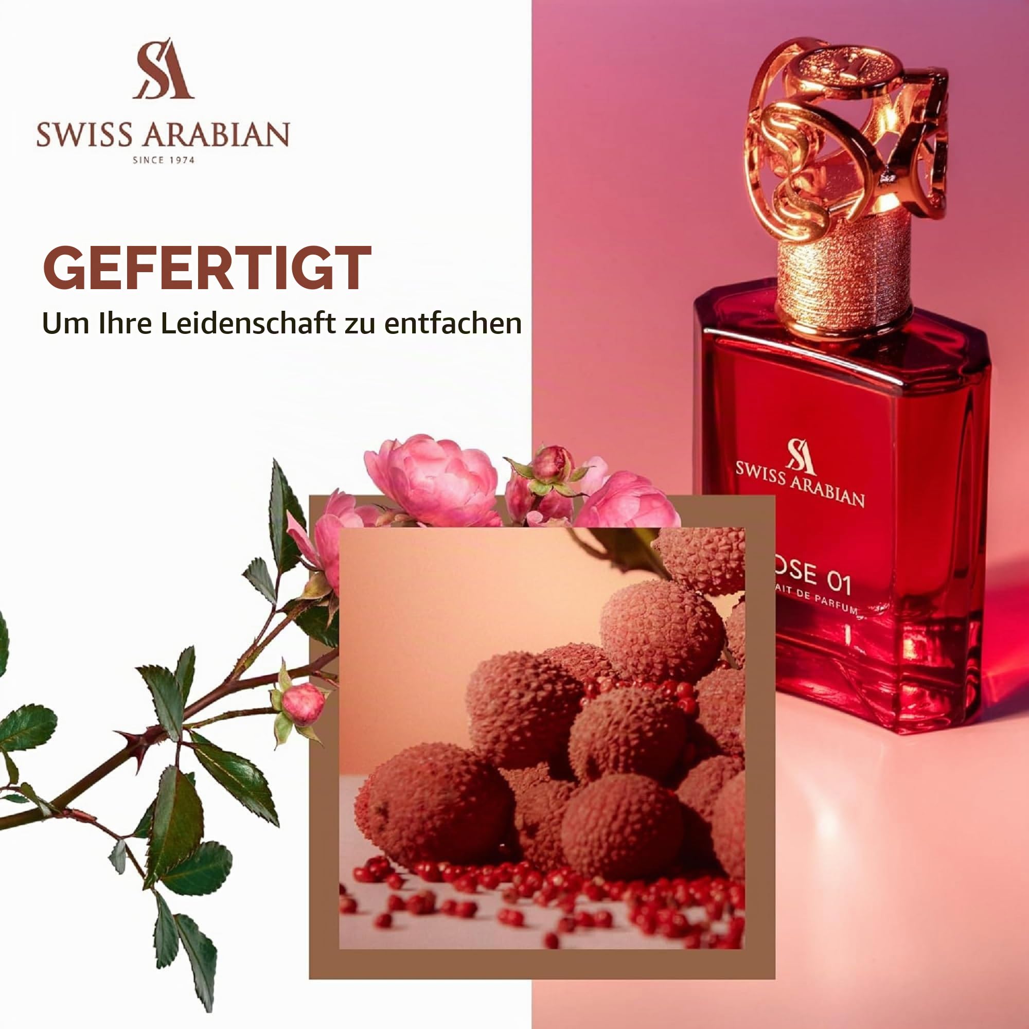 Swiss Arabian Rose 01 Eau de Parfum Unisex 50ML – Verzaubernde Blumenkombination aus Bergamot, Lychee und majestätischen Rosen – Exquisite Duft für jede Jahreszeit