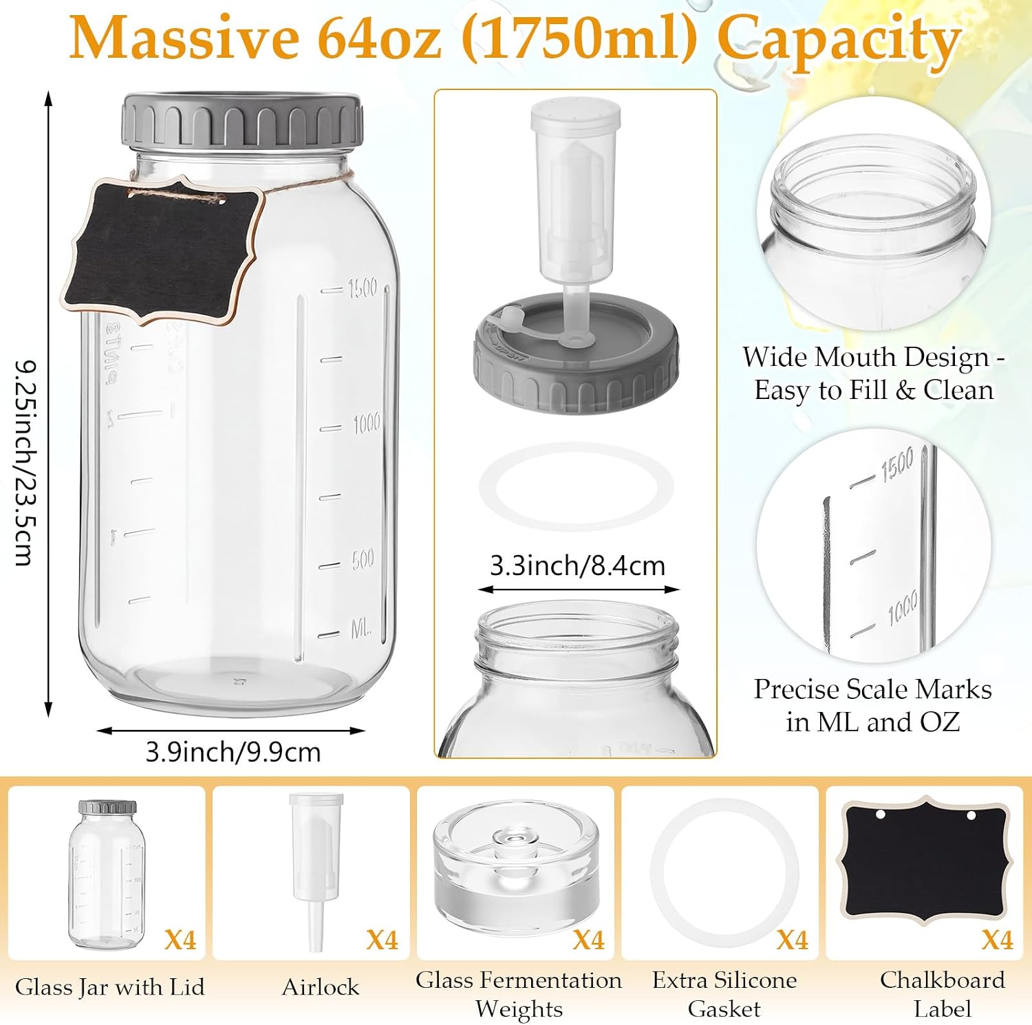 Mifoci 4 Pack Fermentation Jar Kit 64 oz Mason Glass Fermenting Jars with Fermenting Lids Airlock Lids Glass Weights Airlocks Silicone Rings for Easy Making and Storing Pickles Sauerkraut Kimchi