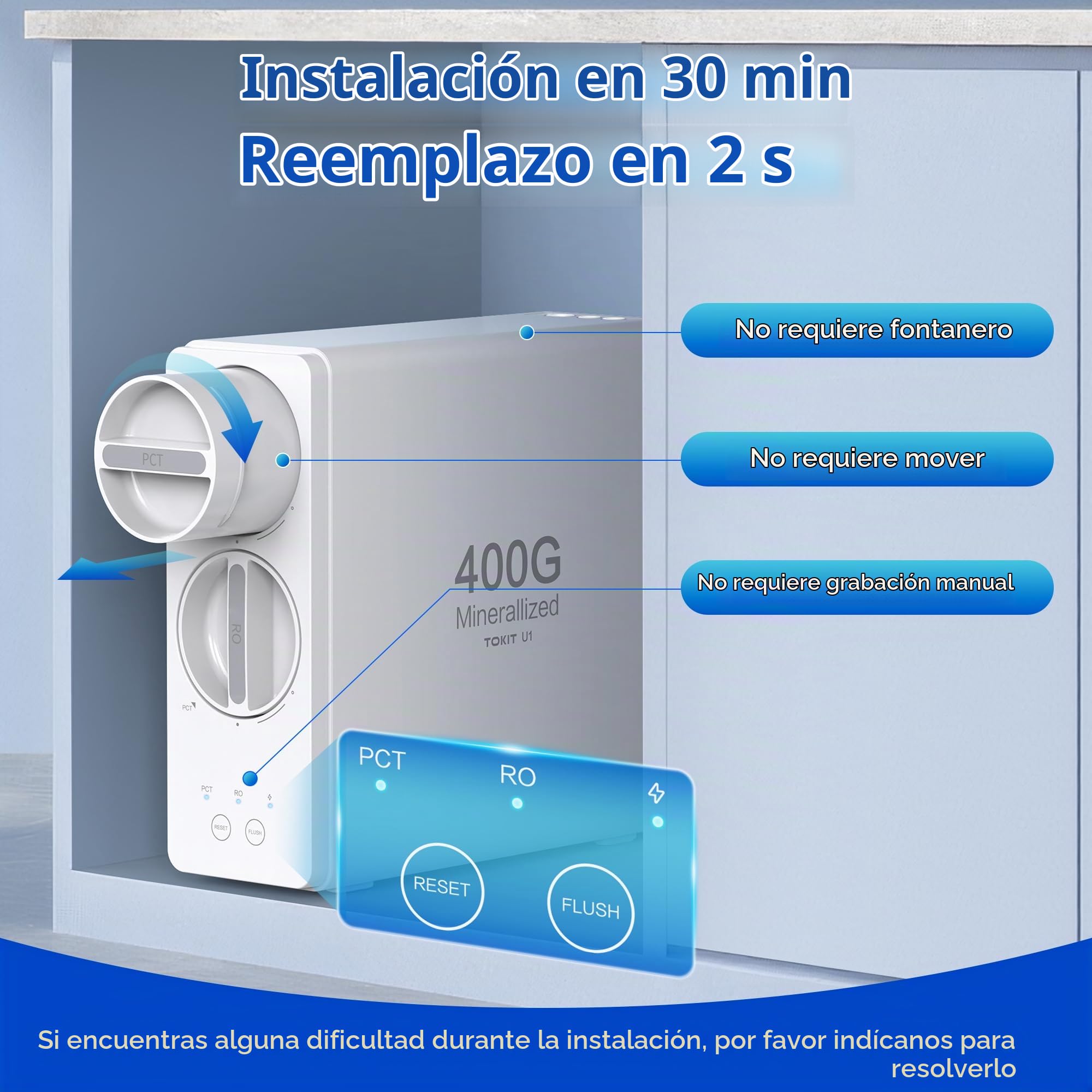 TOKIT Filtro De Agua De Ósmosis Inversa, RO Sistema De Filtración Mineral Bajo Fregadero, Calentador De Agua Instantáneo De 400 GPD, NSF/ANSI 58, 2:1 de Pureza al Drenaje, TDS (U1)