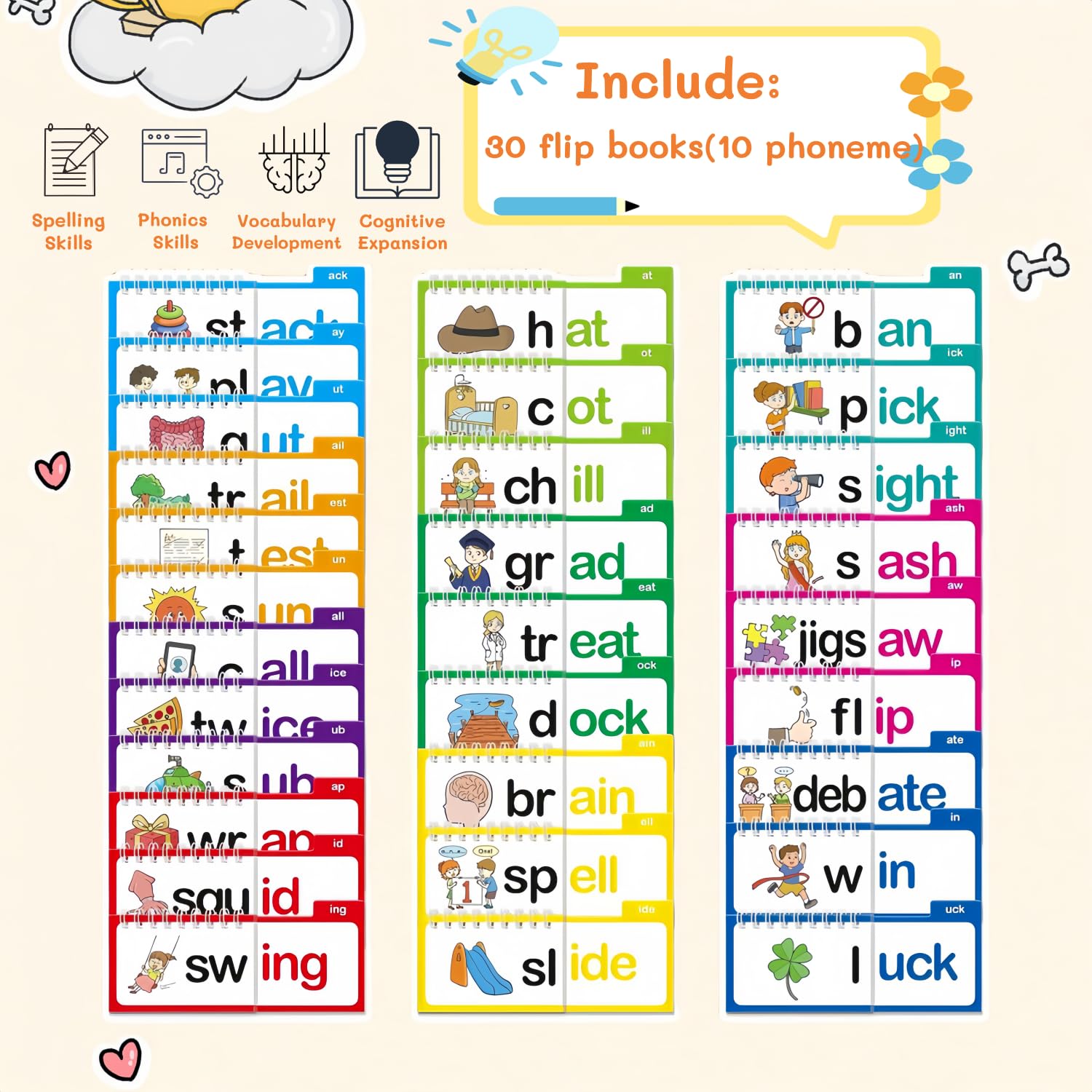 30 Read and Rhyme Flip Books,Word Family Flash Cards,Early Educational Alphabet Flash Cards,Reading,Interaction,Sight Words Flash Card For Toddlers & Preschoolers - Image 3