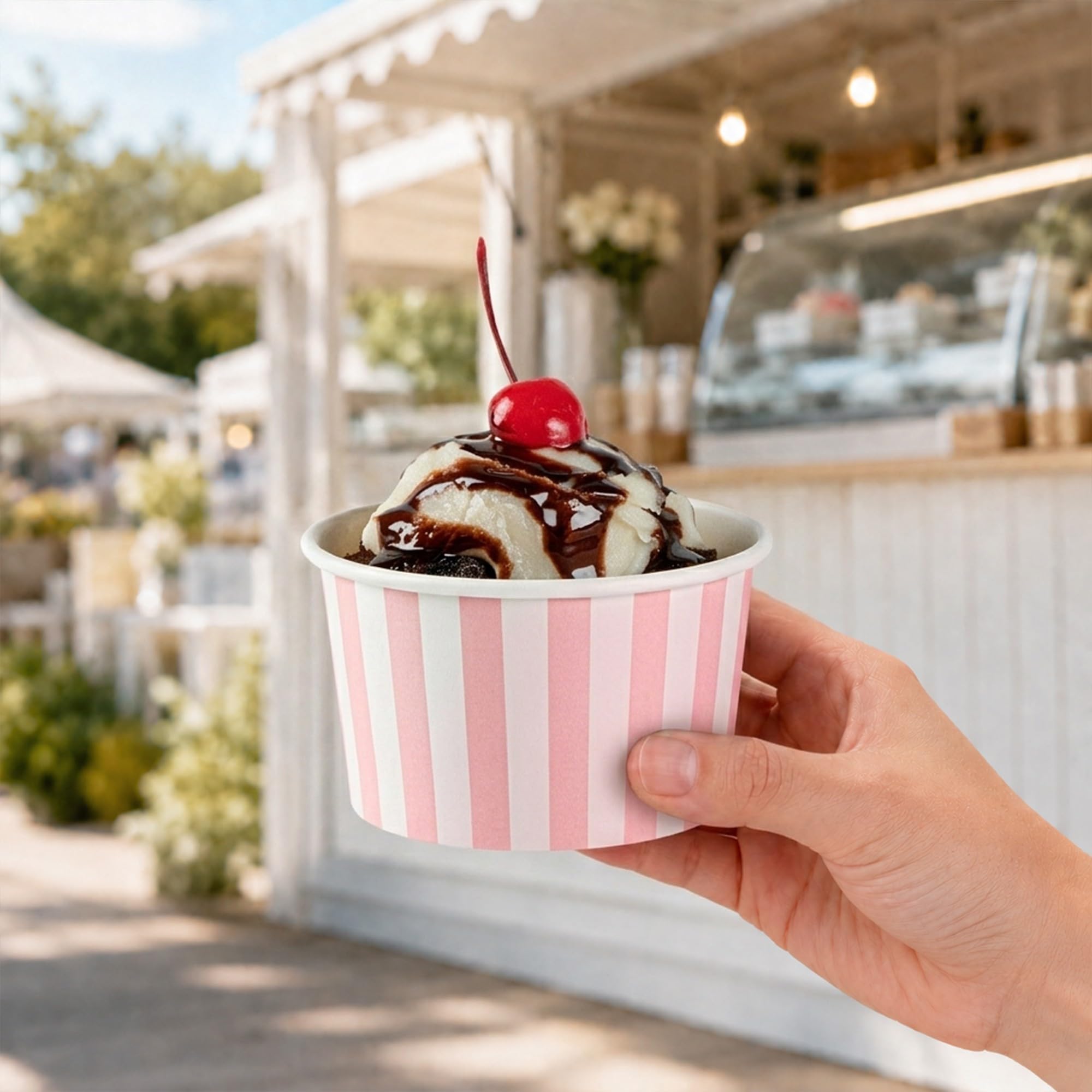 Restaurantware Coppetta - Vasos de postre de 5 onzas, 200 vasos desechables para helado, tapas se venden por separado, cuencos FroYo de papel a rayas, rosa y blanco, para alimentos fríos y calientes,