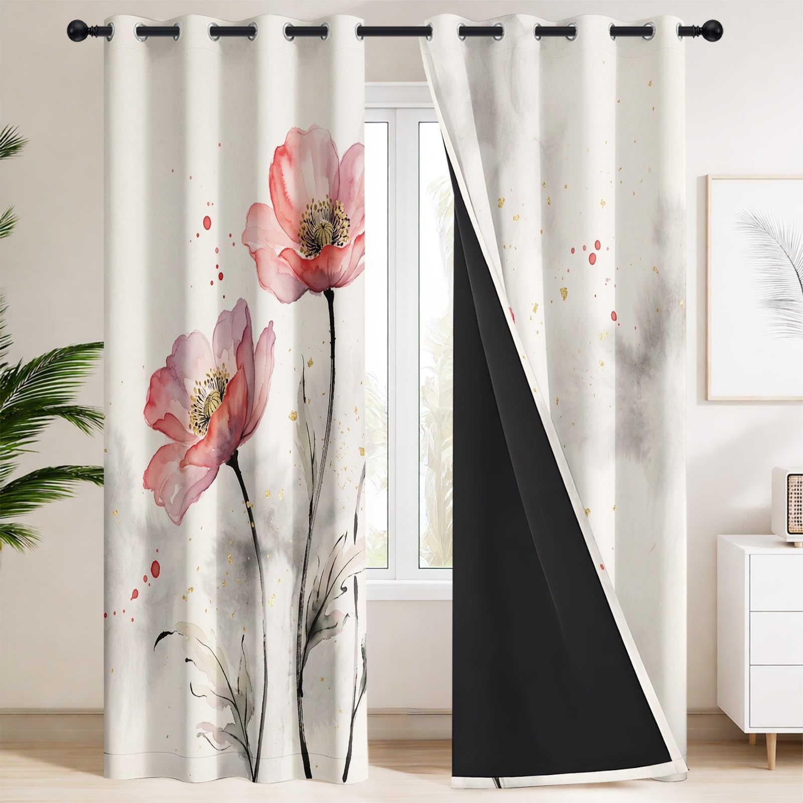 Zasłony termiczne z motywem kwiatowym, szer. 229 x gł. 229 cm, 2 panele