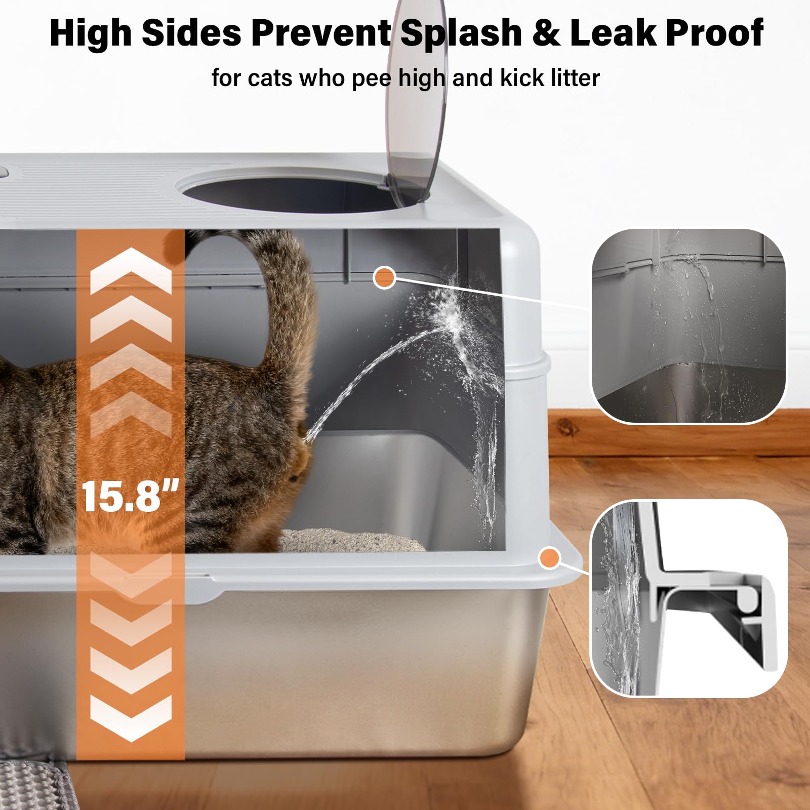 EGMEHOAD Stainless Steel Litter Box with Lid,Extra Large Enclosed cat Litter Box, Metal litterbox with Flip Top,Front and Top Entry,Anti-Leakage,Easy Cleaning,Includes Carbon Filters & Scoop & Mat - image 3