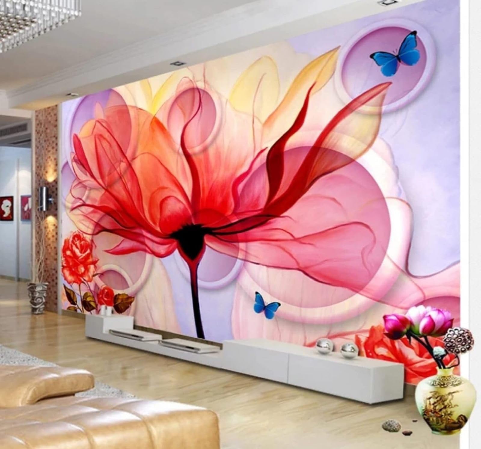 Xlming 200Cm×140Cm(B×H) Abstract Beautiful Flowers Butterflies Circles 3D Wallpaper Luxury Home Dining Decor Paste Sofa Living Room The Wall For Bedroom Mural-200Cm×140Cm