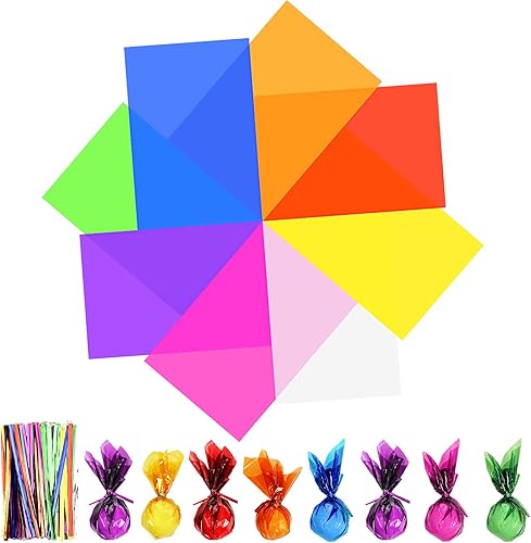 16 hojas de celofán de 28 x 40 pulgadas, envolturas de celofán de colores, papel de celofán de color transparente con 240 lazos metálicos, para