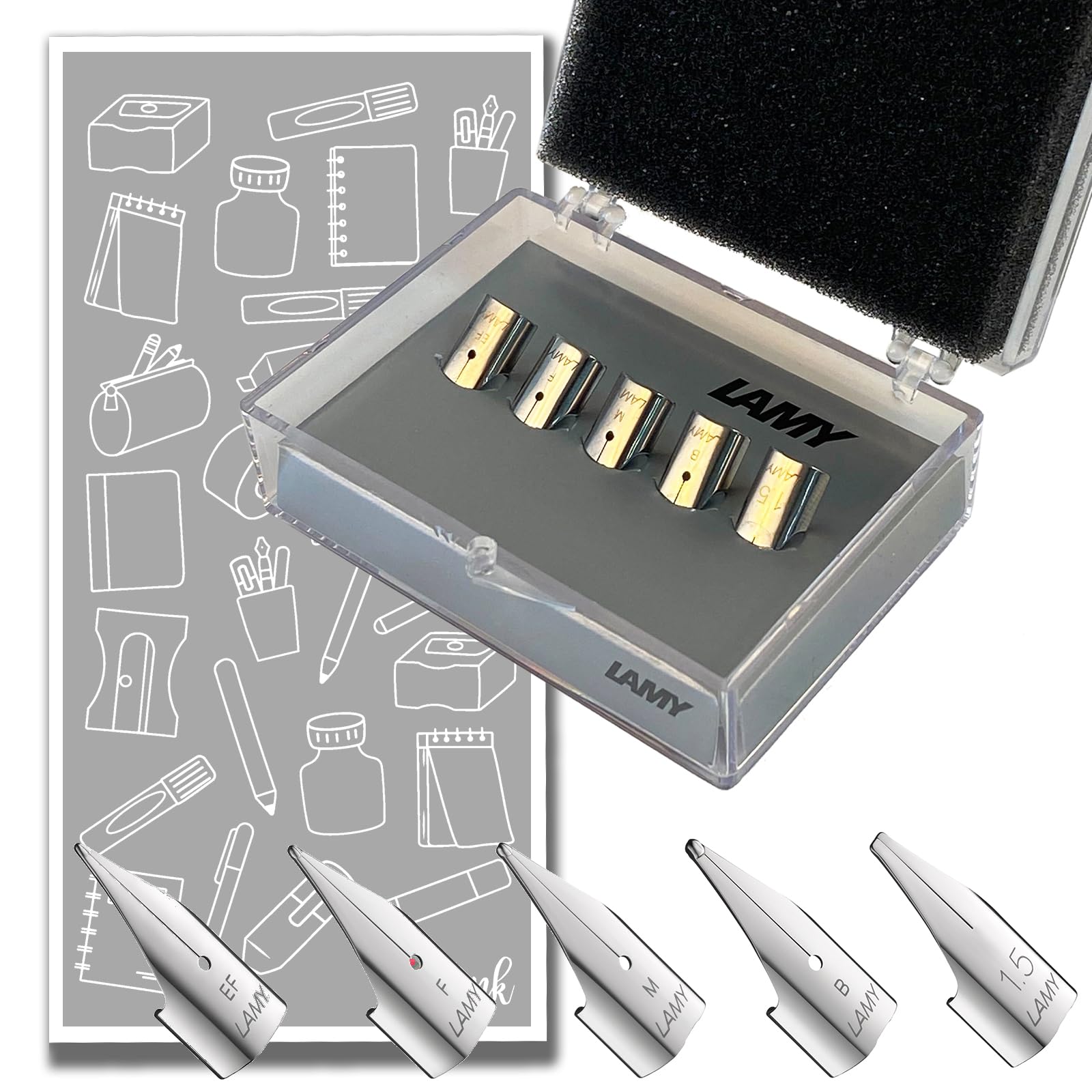 Lamy Safari Spare Nib Kits - Polished & Black Stainless Steel: Choose 5 Nibs or 3 Nibs - Protective Box Included! (5 Polished Stainless Steel Nib Collection w' 1.5mm Nib)