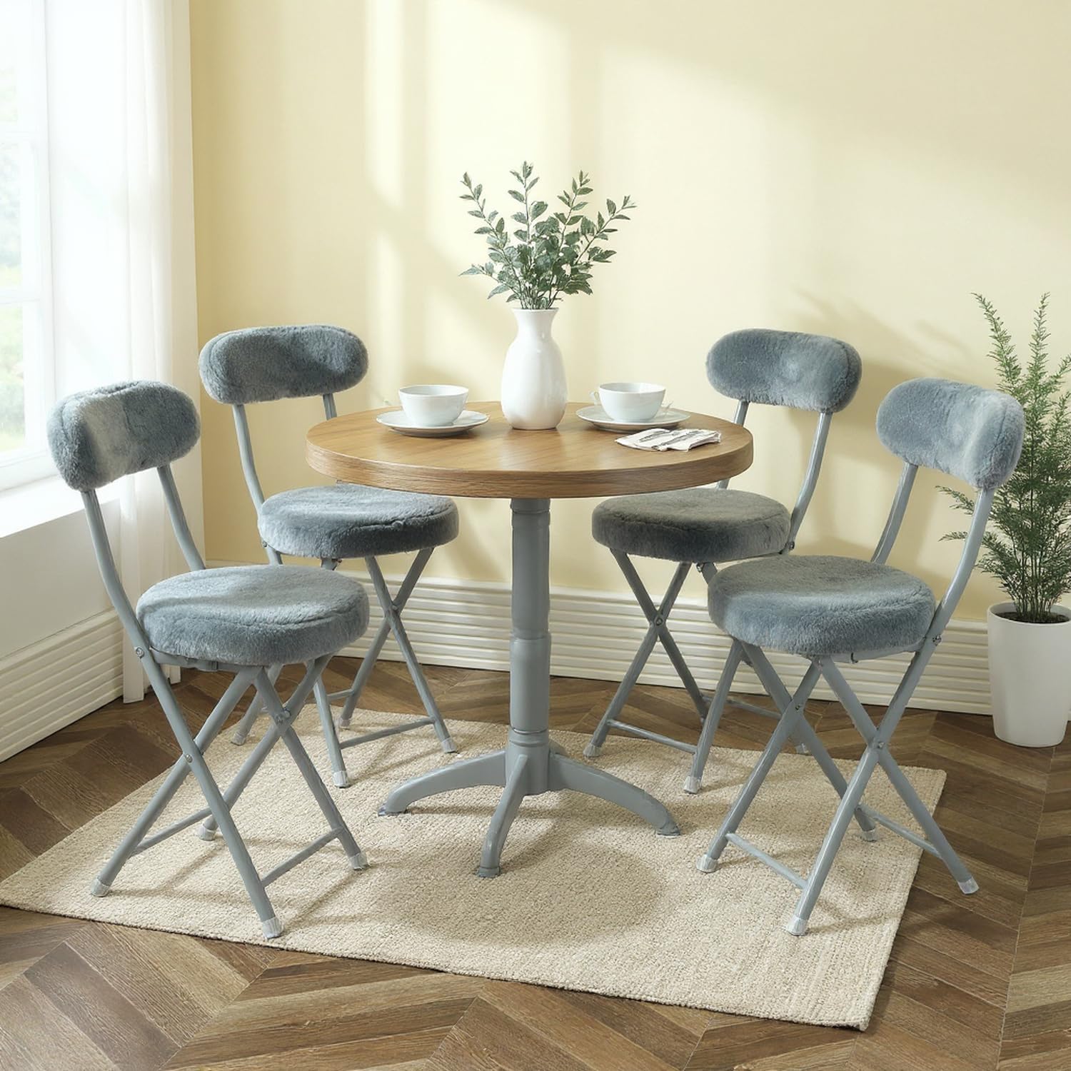 MEUBLE Cosy Juego de 4 Sillas de Comedor Plegable para Cocina, Tela de Imitación Pelo de Conejo, Estructura de Metal, Gris