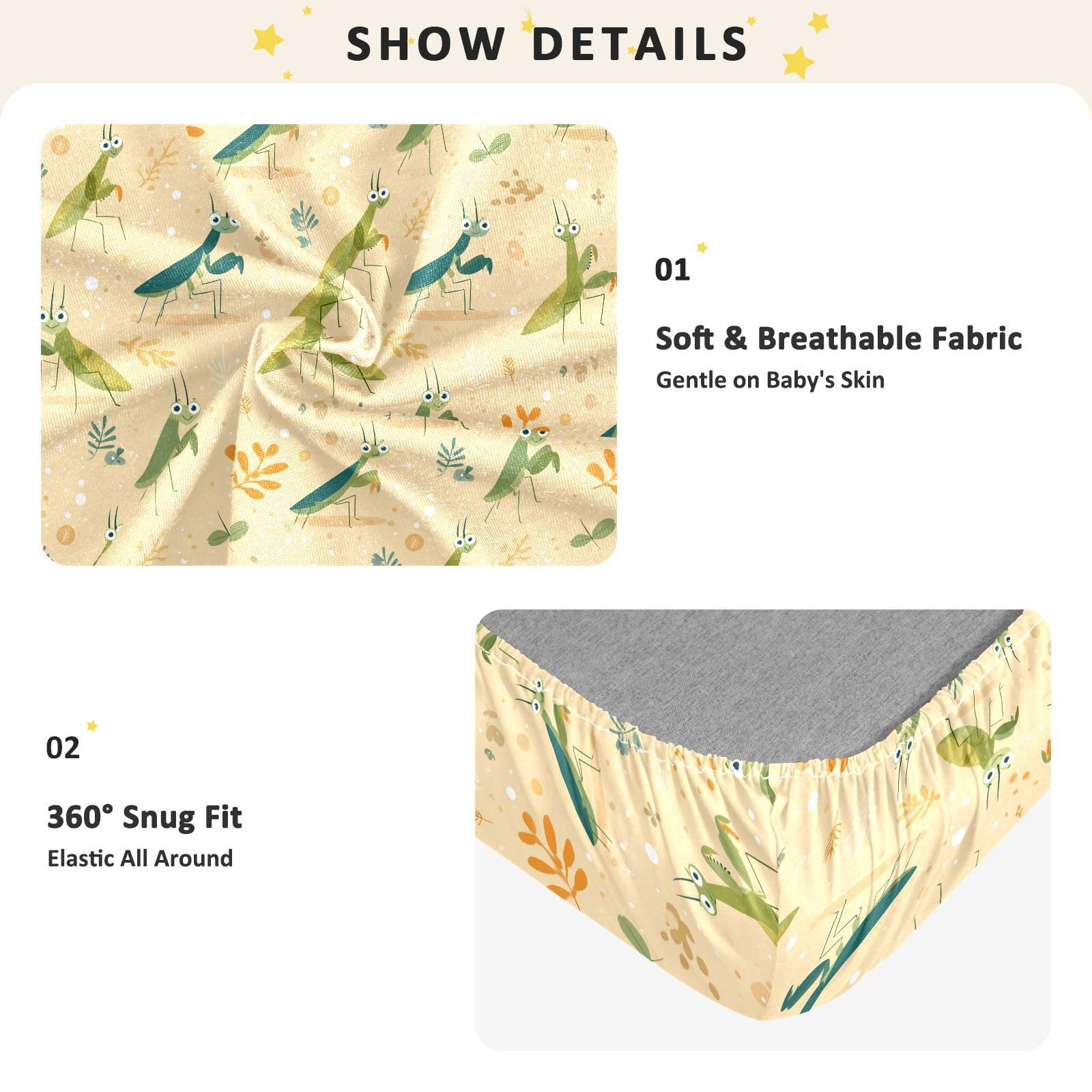 Funny Seasons Mantis Giallo Lenzuola Culla Cotone Baby Playard Sheet Morbido Mussola Culla Biancheria da Letto per Nursery Decor, 1 Confezione de cuna para bebes trenzado