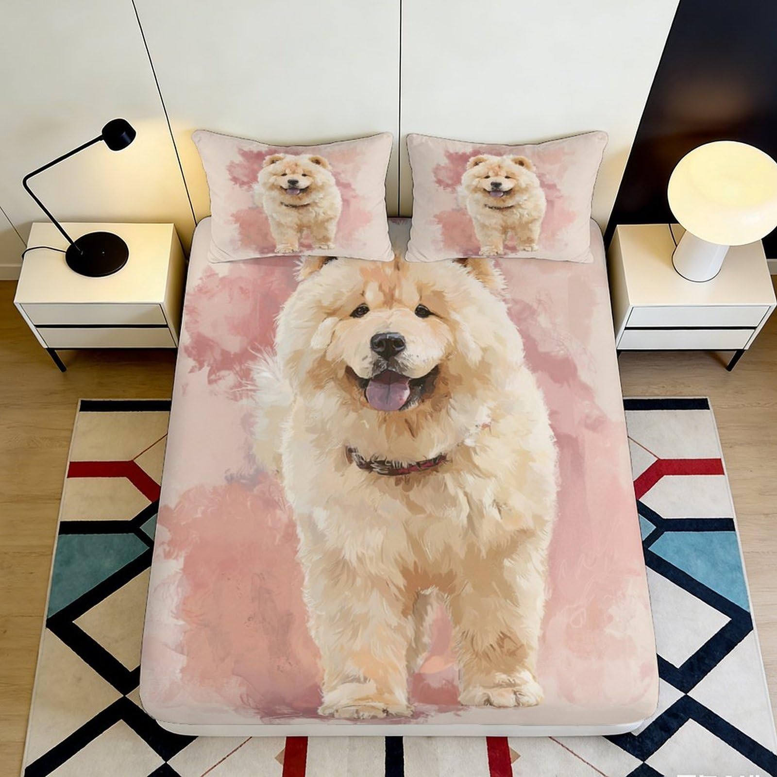 3D Printed Fluffy Dog Fitted Sheet Microfiber Pink Bedroom Decor Cute Puppy Bed Cover for Home Guest Room 90x200x25cm