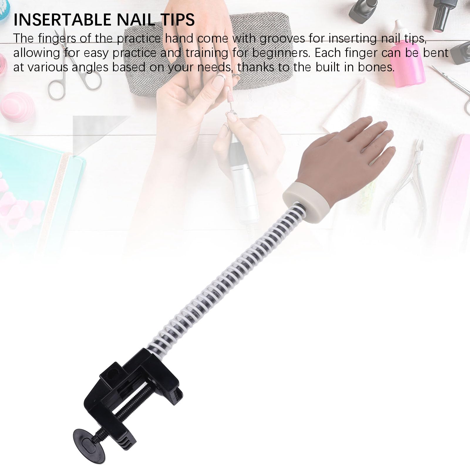 Mano di allenamento in silicone per la pratica delle unghie con base a morsetto, manichino flessibile e mobile per manicure destinato ai principianti, mano riutilizzabile in
