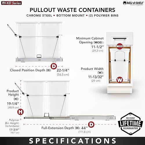 Miniatura 3 de Rev-A-Shelf RV-15KD-1918C-S - Bote de basura extraíble para debajo de los gabinetes de cocina, 27 cuartos de galón, 12 galones, con tobogán de