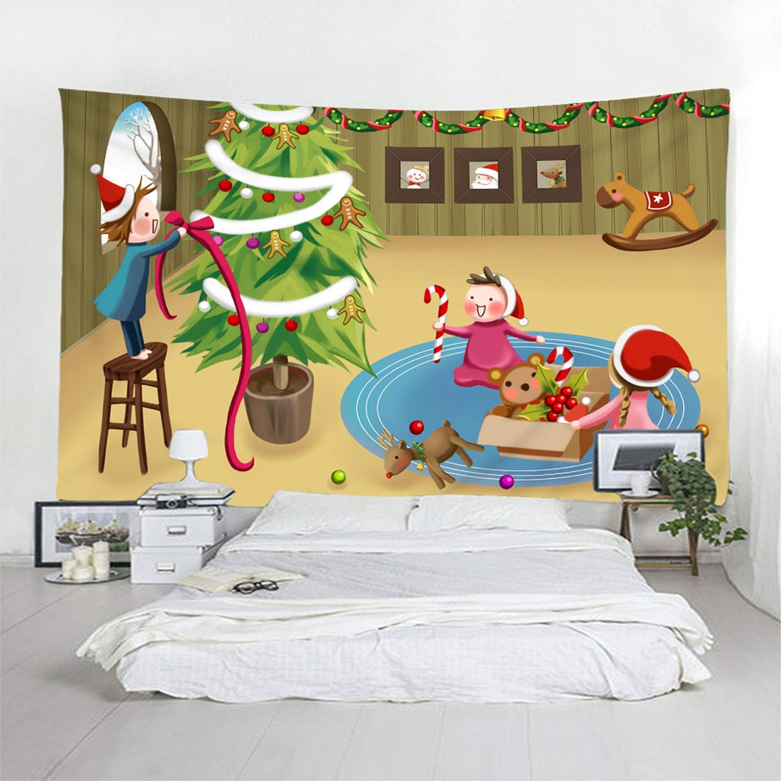 Arazzo da Parete Natalizio, Arazzi da Parete Albero di Natale e Persone Marrone Verde Arazzo Tappeto Parete, 200x200CM