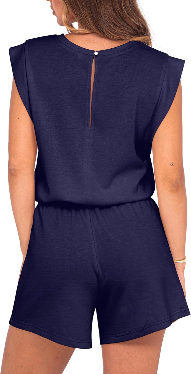 GRECERELLE Rompers For Women 2026 Summer Cap Sleeve Adjustable Drawstring Waistband Cozy Lounge Short Jumpsuit With Pocket - Image 3