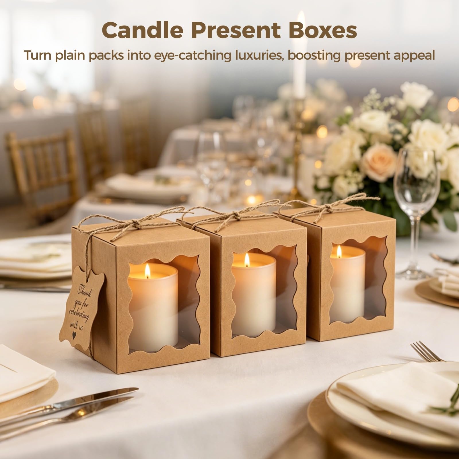 50er-Set Kerzen-Geschenkboxen, Papier-Geschenkverpackungsboxen mit transparentem Fenster, Dankeschön-Anhängern und Juteschnur, ideal für Hochzeiten, Partys, Brautpartys, Khaki