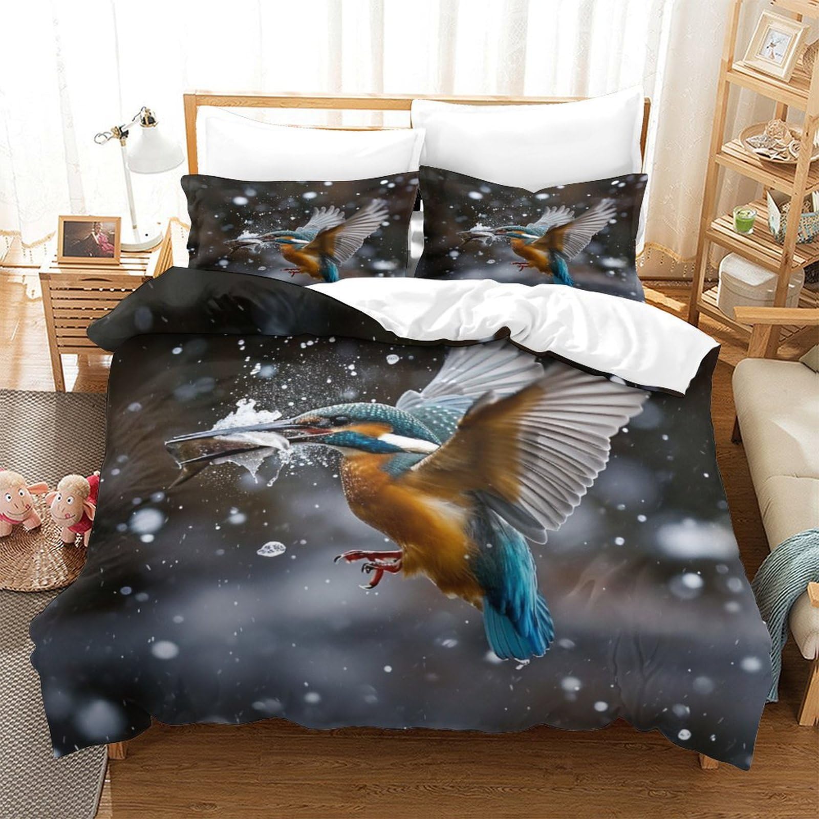 P1S9U7W5Y Night Sky Bird 3D Printed Duvet Cover Set 3pcs Microfiber Dream Bird Bedding Set King（220x240cm）