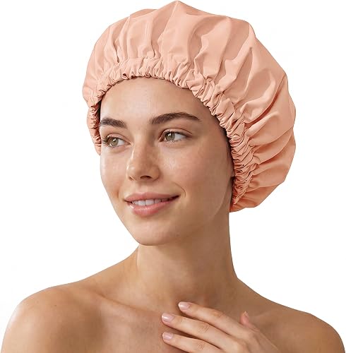 Reusable Shower Cap for Women, Large Waterproof Shower Bonnet with Elastic Band, Washable Bath Hair Cap for Long, Curly Hair, Braids, Daily Shower, Home Spa, Travel(Peachy Pink)