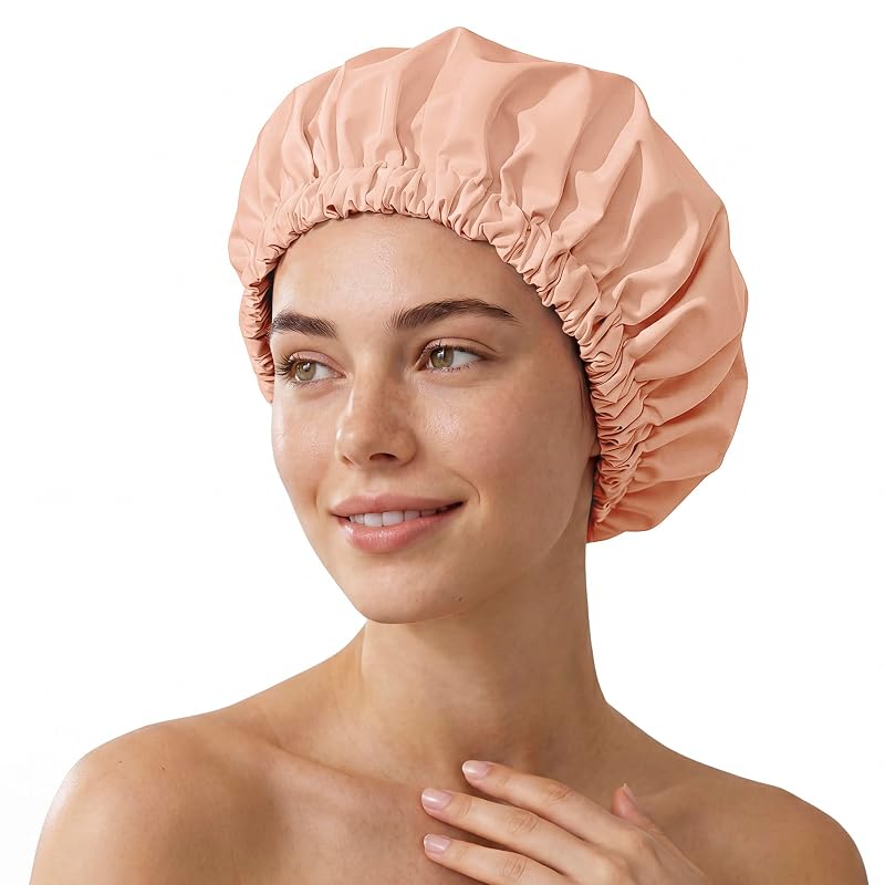 Touca de banho Edoneery reutilizável para cabelos longos, rosa-pêssego