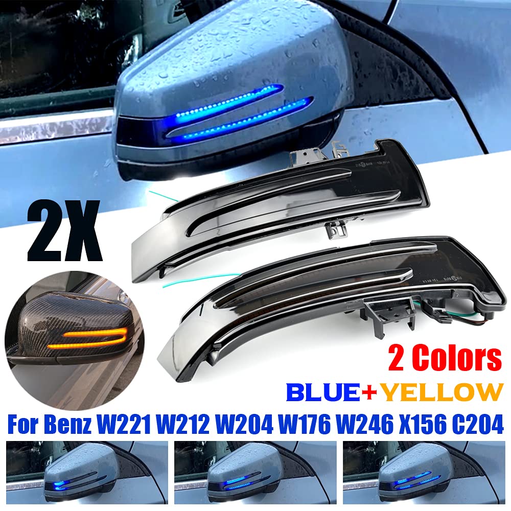 2pz Lampeggiatori Sequenziali Dinamici Compatibili con Be-nz W204 CLA A B C E S GLA GLK CLS Classe W176 W212 LED Specchietto Laterale Luce Indicatore di Direzione Assemblaggio-Blu+Giallo