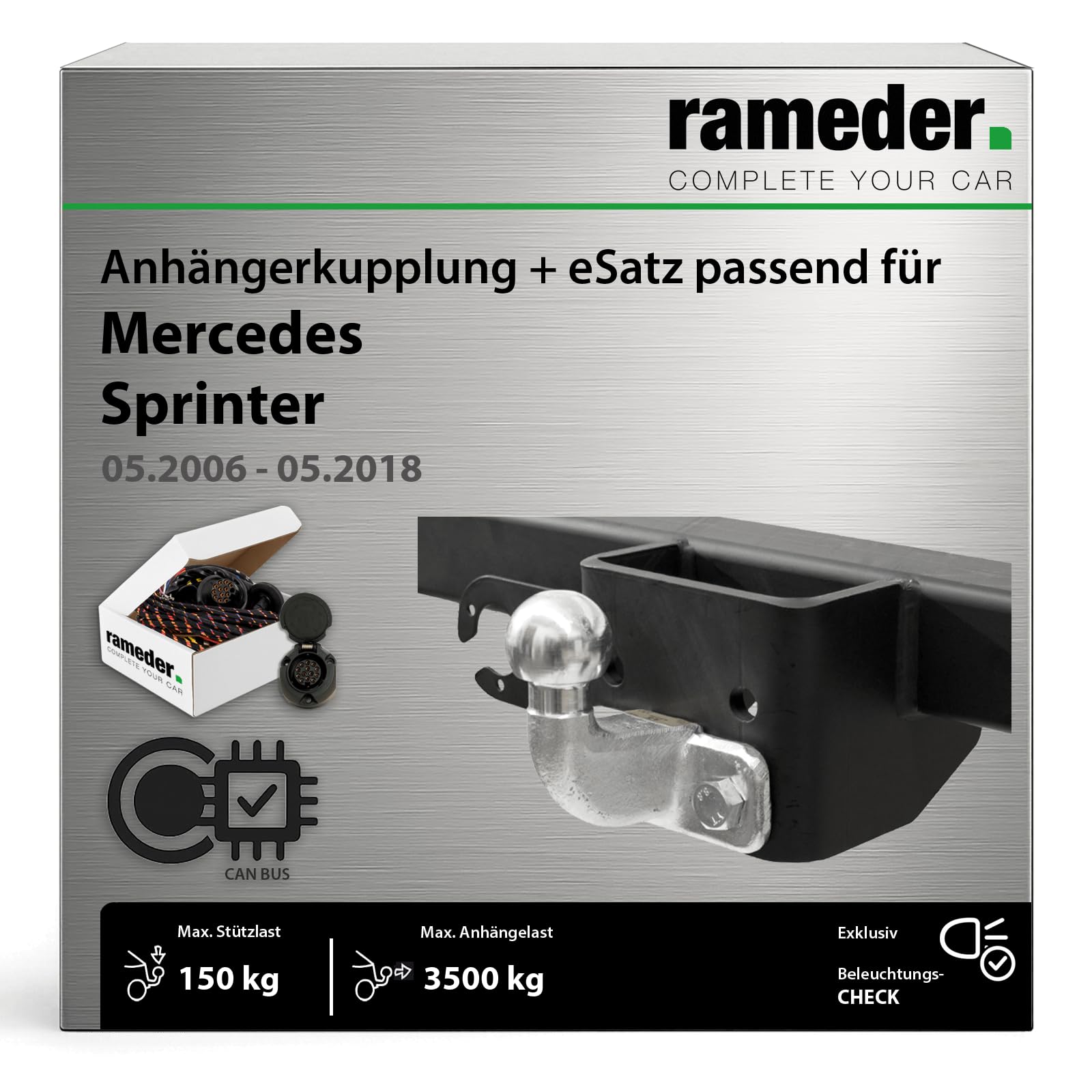 Anhängerkupplung starr G.D.W. passend für Mercedes Sprinter Radstand 4325mm Baujahr: 2006-2018 inkl. 13 poligem spezifischen CAN-Bus Elektrosatz | rameder. Komplettsatz - 50T