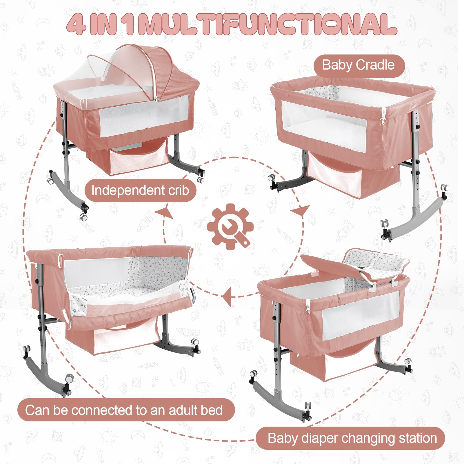 Lit bébé 4 en 1 Cododo réglable Hauteur Berceau Bascule avec Table à Langer Moustiquaire Rangement Rose