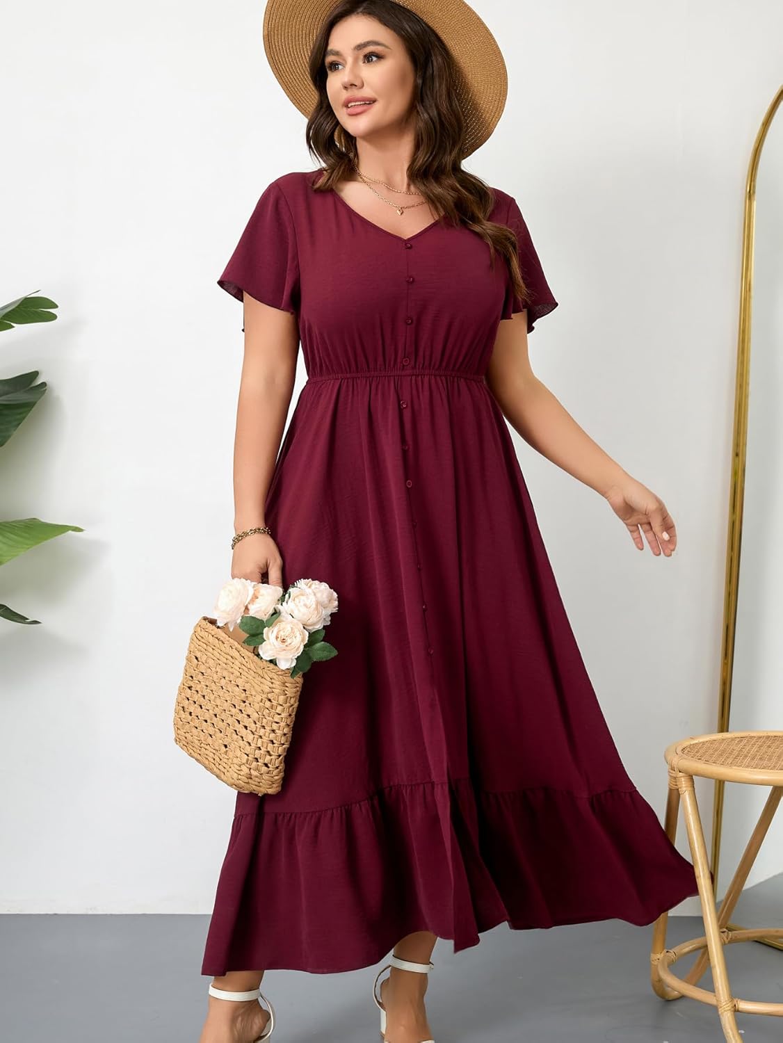 RWJ Women Plus Size Maxi Dress V Neck Short Sleeve Button Trim Split Flowy Tiered Casual Long Dresses 2025 L-3XL - Image 3