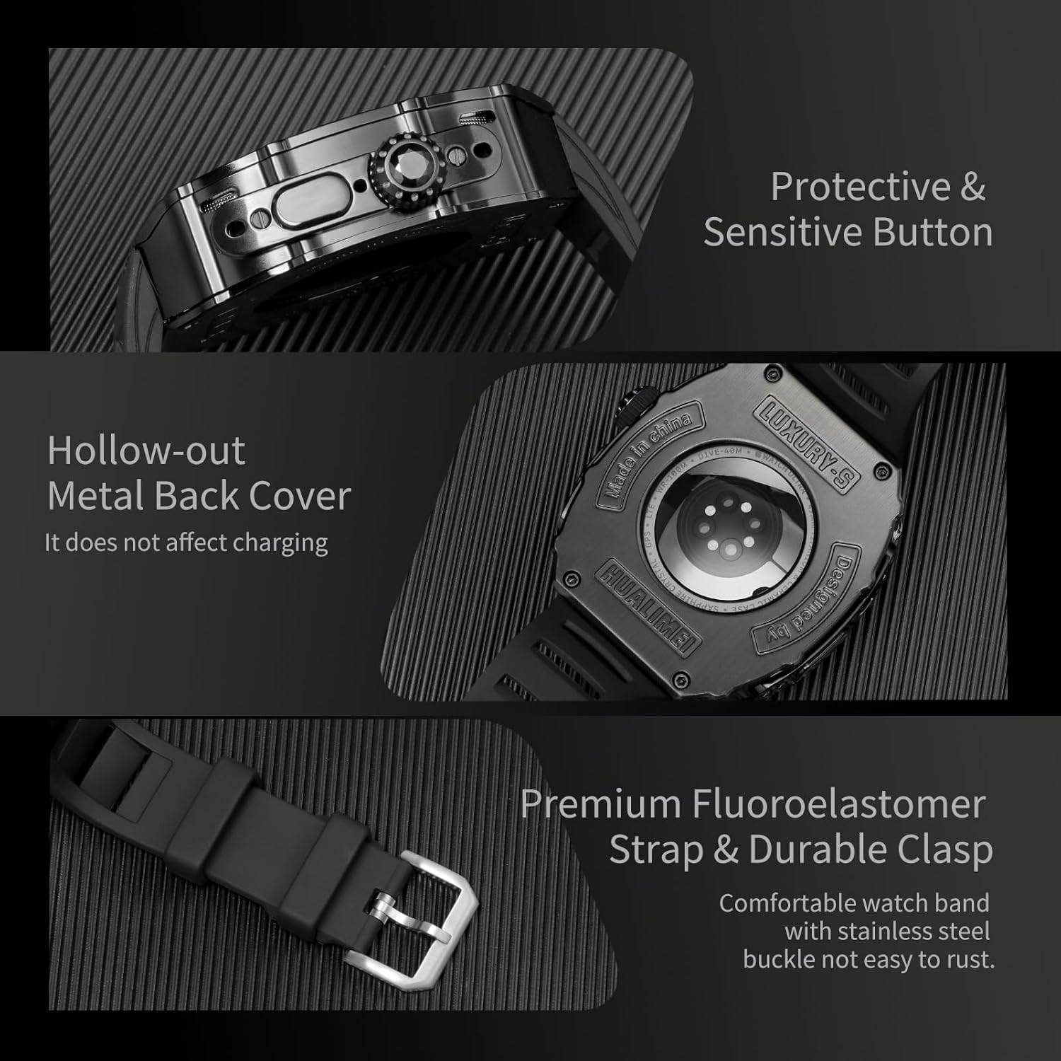 Luxury Case for Apple Watch Ultra 3/2/1 49mm FKM Band, Rugged Bumper Metal Cover + Built-in Glass + Fluoroelastomer Strap for Men's Heavy Duty iWatch Series 49mm Protective Case (49MM, Black) - Image 5