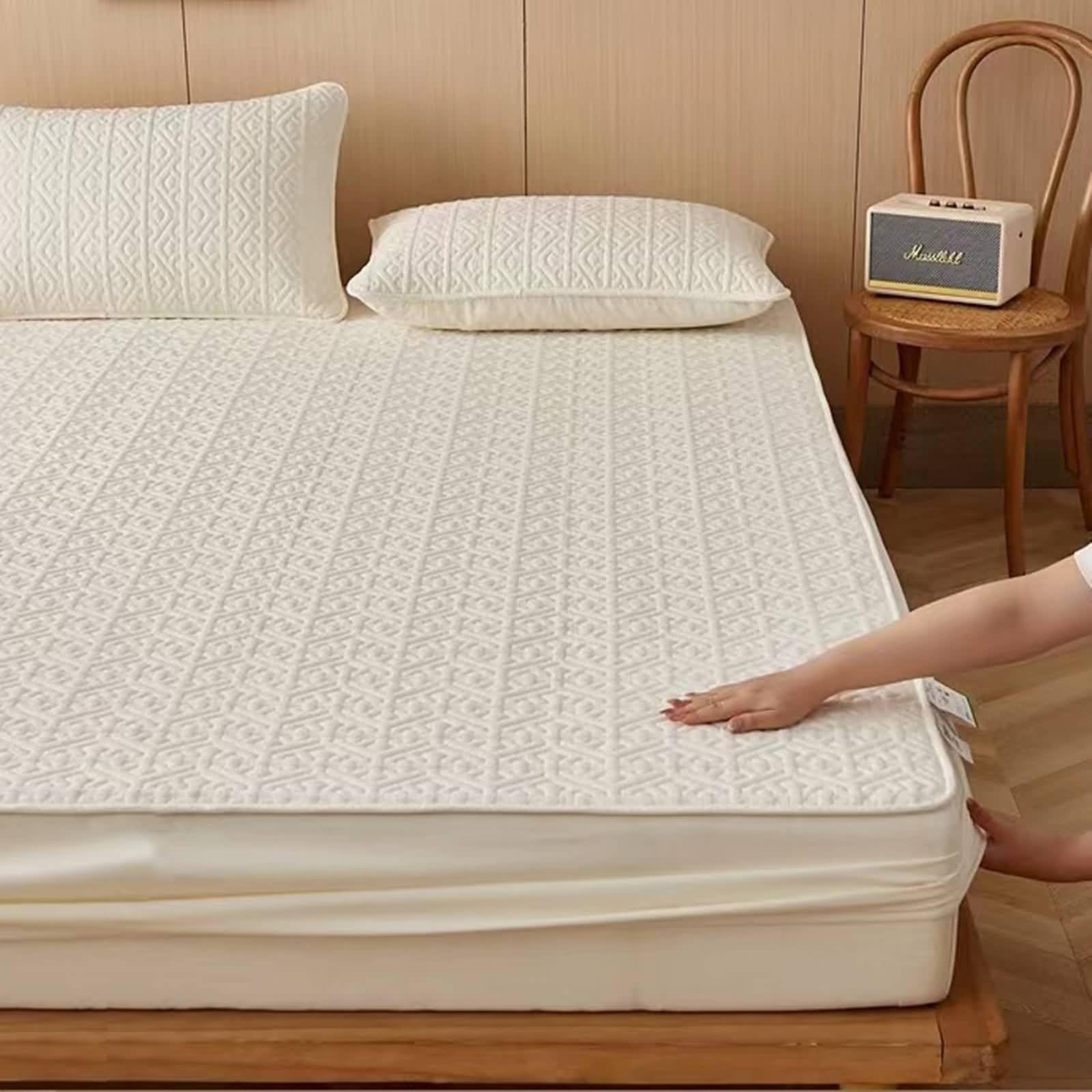 KnSam Spannbettlaken Baumwolle Allergiker, Einfarbig mit Geometrisch Muster Spannlaken, Textilien Klassische Tagesdecke Betthusse Beige Weiß Unterbett als Schutz für Matratze, 180x200cm