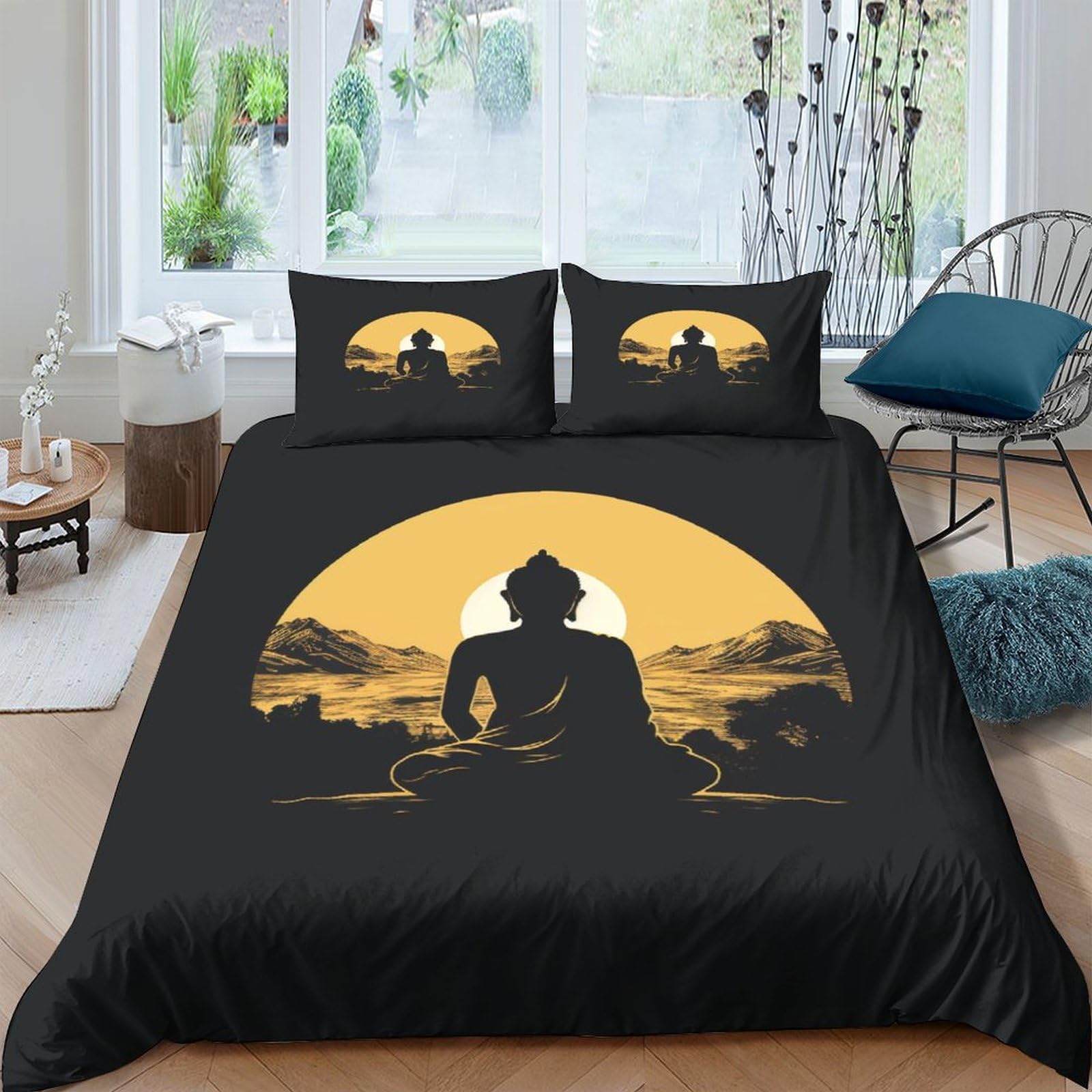 Housse de couette orientale Bouddha 3D en microfibre premium avec taies d'oreiller de luxe