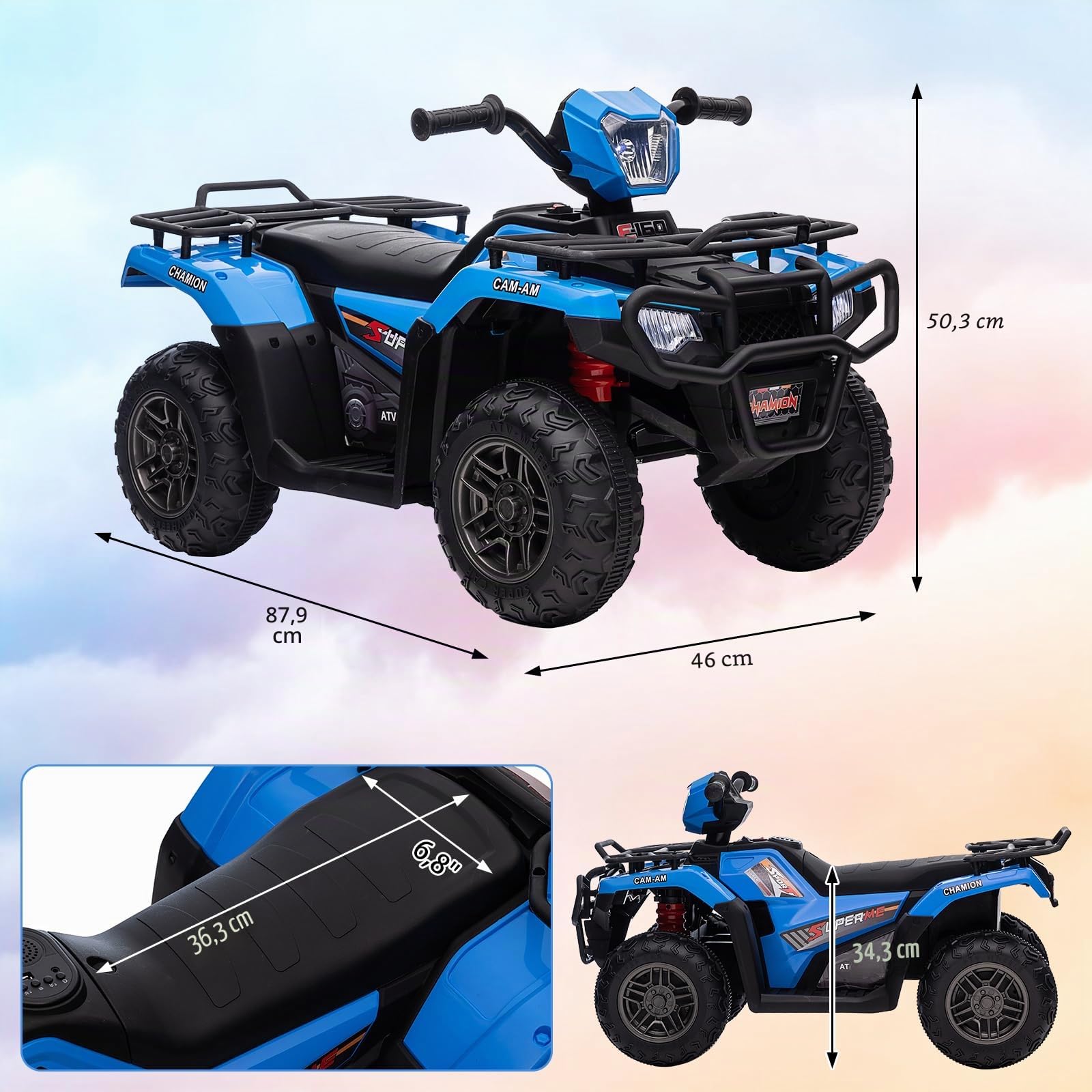 Quad elettrico per bambini 12 V 500 MA, auto elettrica per bambini 4-6 anni con fari e musica, MP3, USB, scheda TF, doppio azionamento 30 W*2, 83,5 x 53 x 30,3 cm