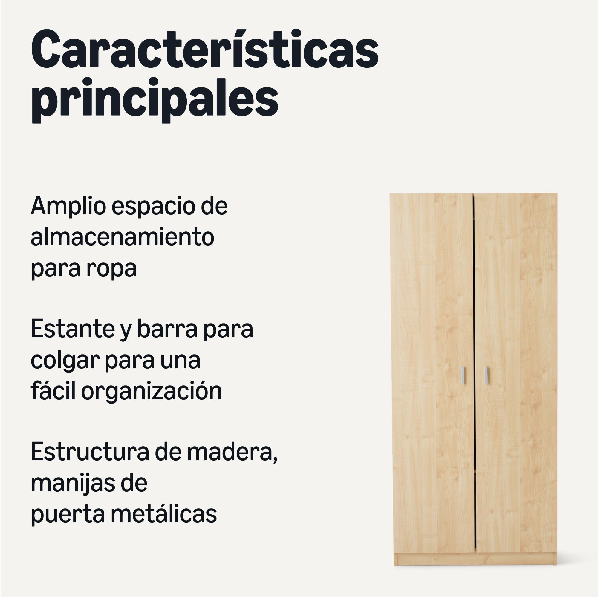 Amazon Basics Armario de Madera de Dos Puertas con Estante y Barra para Ropa, Mueble de Almacenamiento, Dormitorio, Roble, 50cm x 80cm x 180,1cm
