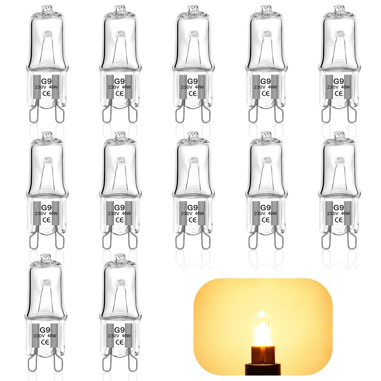 12 Pack G9 Halogen Light Bulbs 40W - 230V 2800K Warm White Dimmable LED G9 Bulbs - Energy-Saving Clear Glass Wax Burner Capsule Bulbs, for Ovens, Chandeliers, Ceiling Lasting Lighting